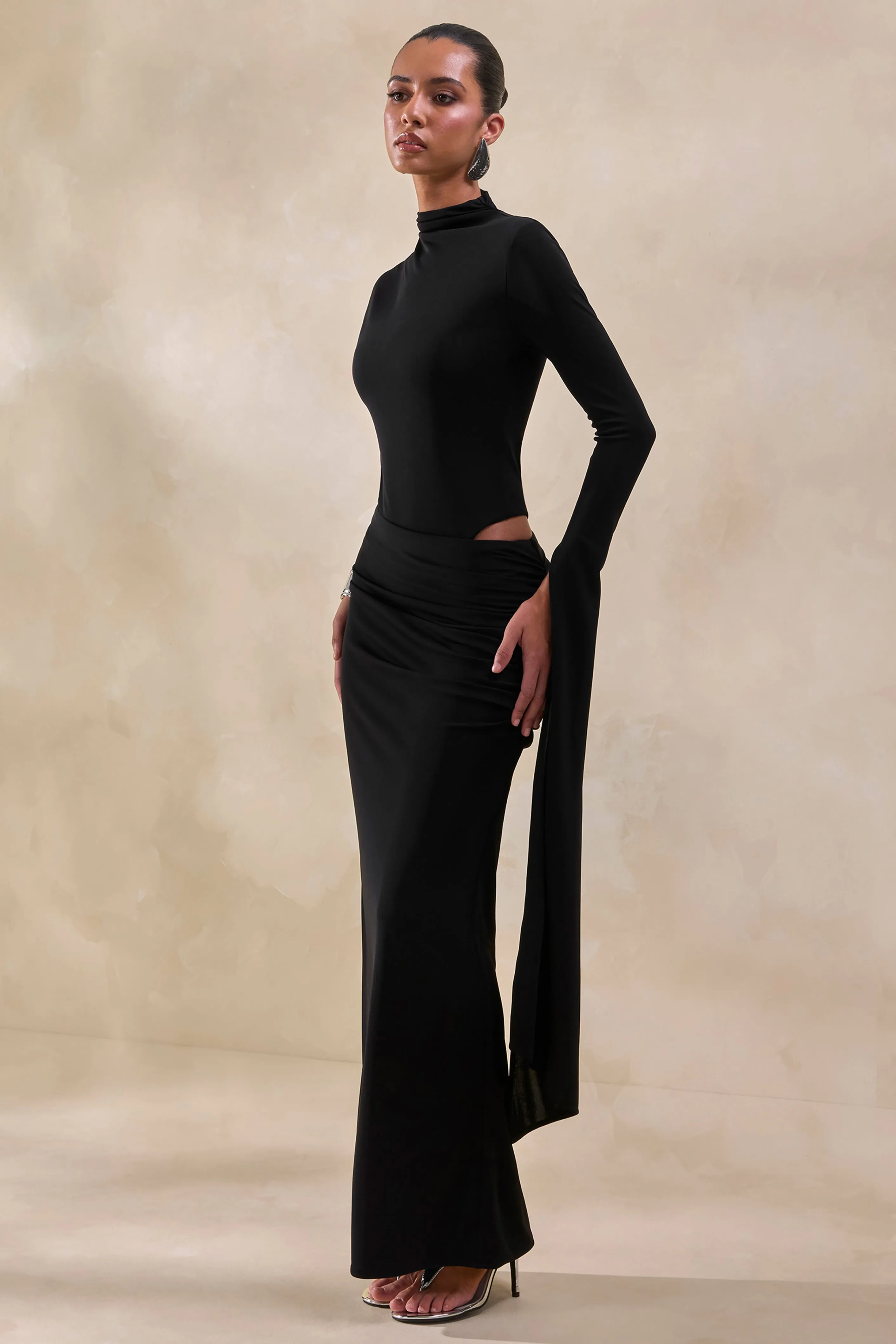 Adessa | Black Asymmetric Waist Ruched Maxi Skirt sold by Club L London