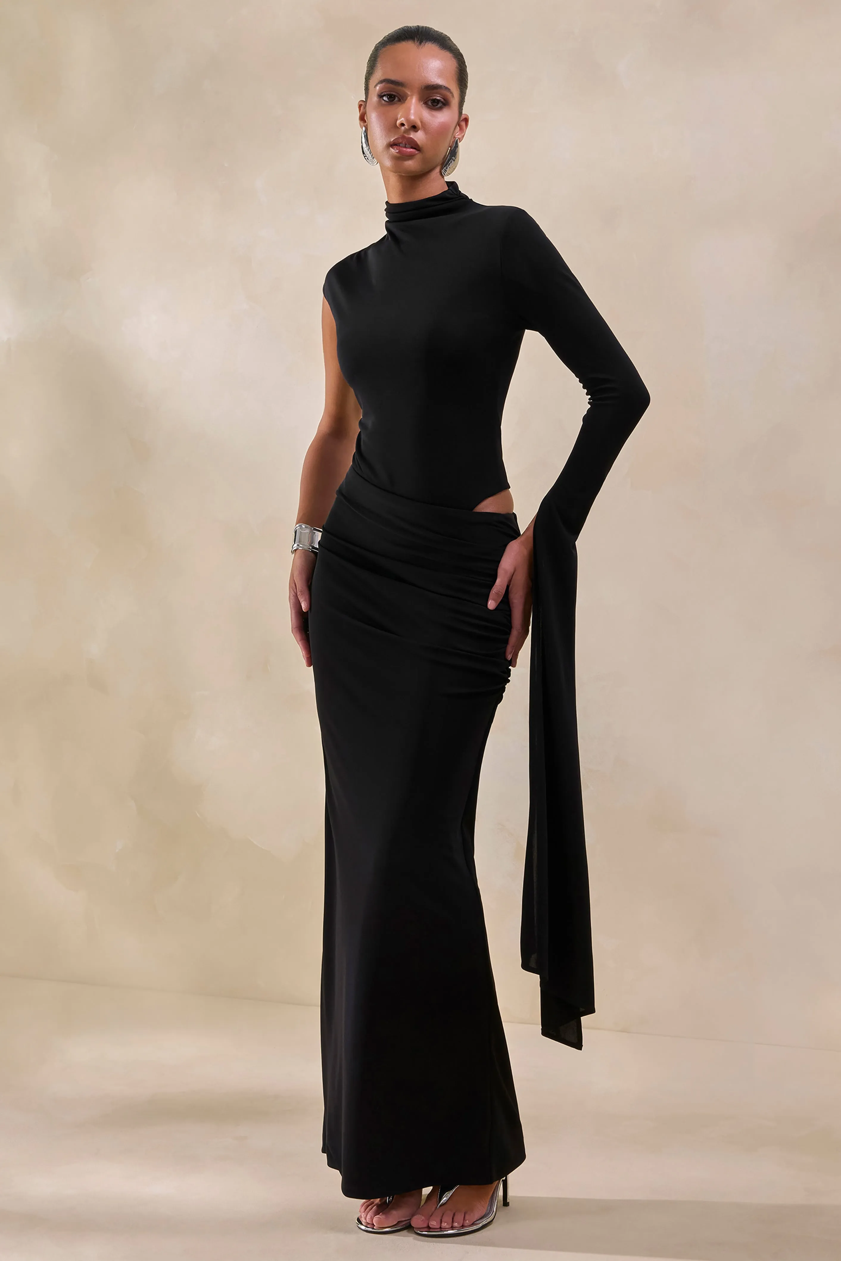 Adessa | Black Asymmetric Waist Ruched Maxi Skirt sold by Club L London product image thumbnail 5