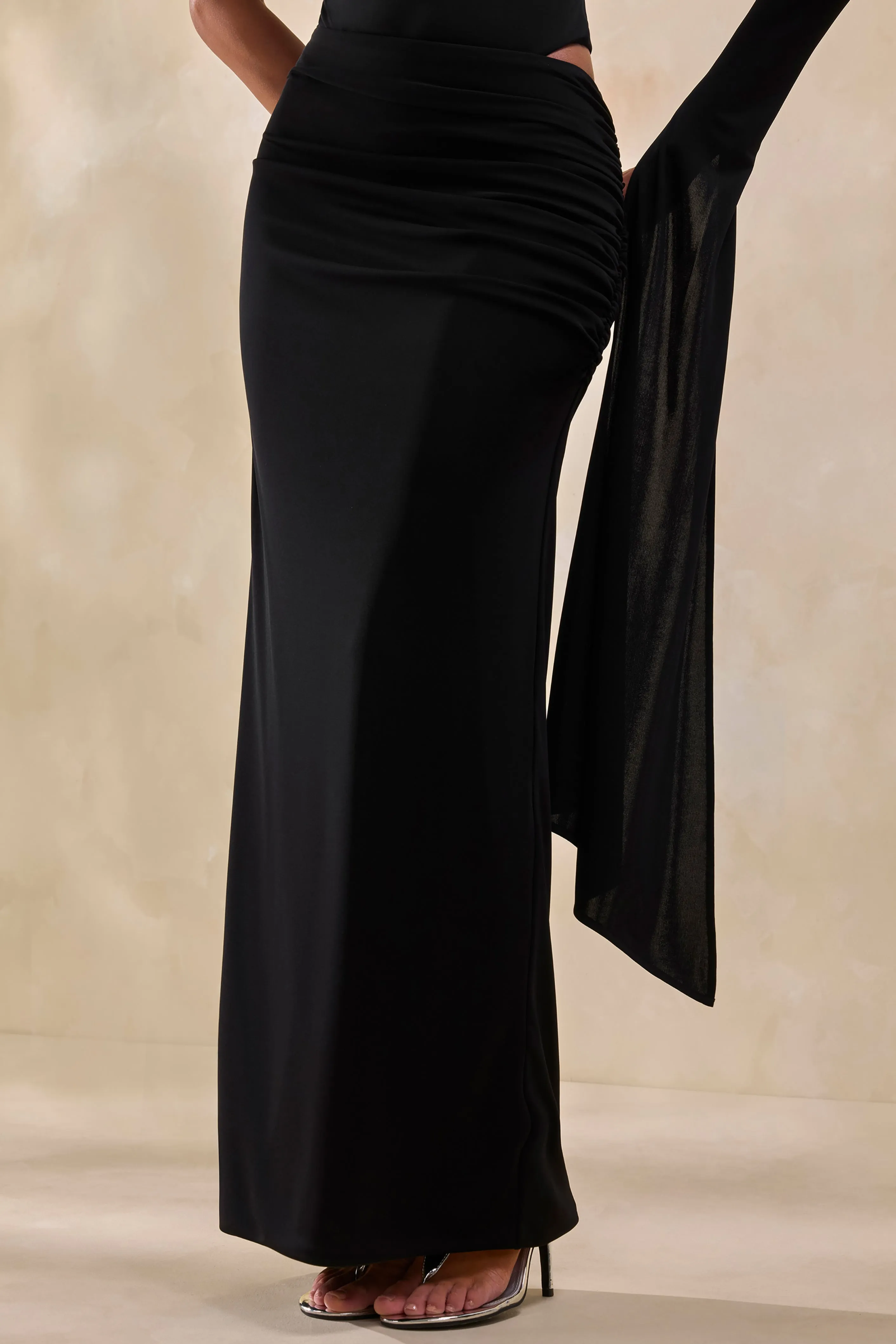 Adessa | Black Asymmetric Waist Ruched Maxi Skirt sold by Club L London product image thumbnail 2