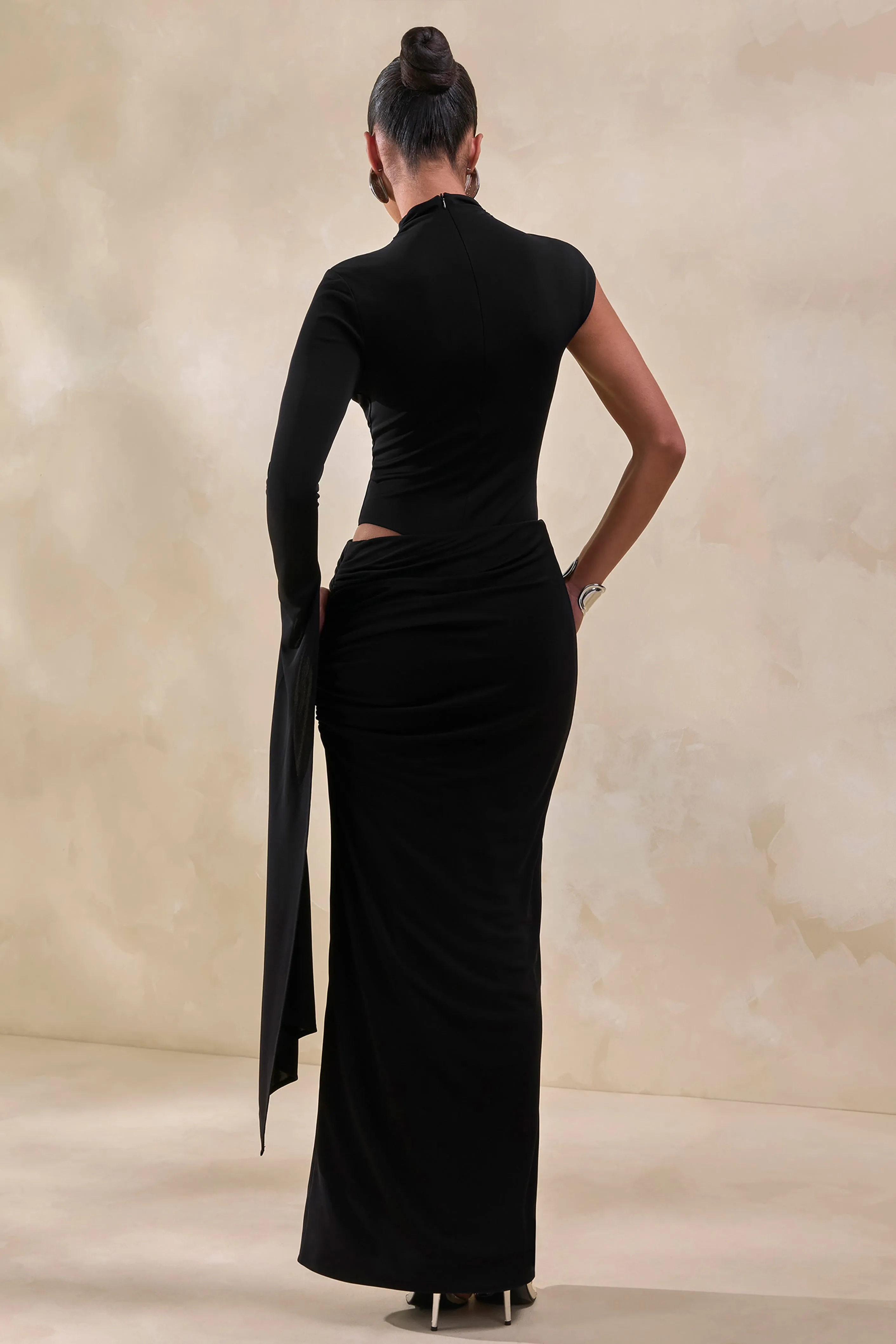 Adessa | Black Asymmetric Waist Ruched Maxi Skirt sold by Club L London product image thumbnail 3