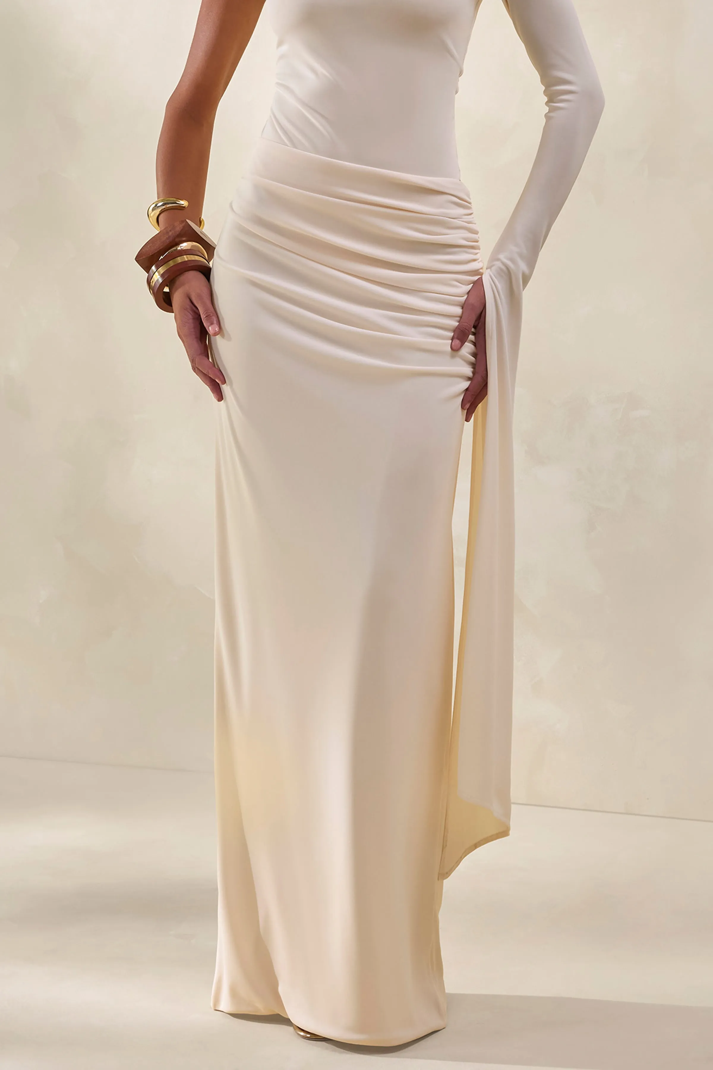 Adessa | Cream Asymmetric Waist Ruched Maxi Skirt sold by Club L London product image thumbnail 2