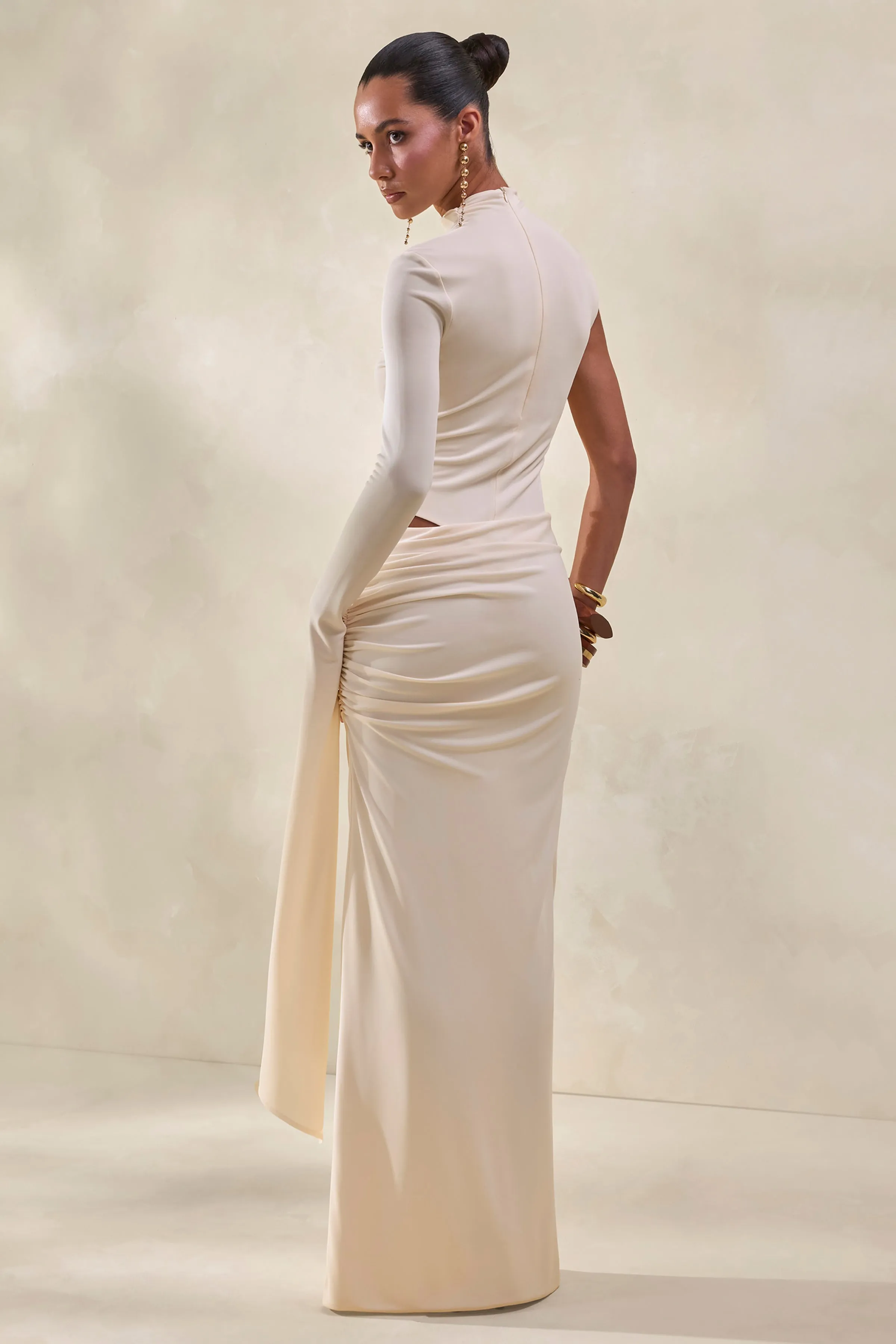 Adessa | Cream Asymmetric Waist Ruched Maxi Skirt sold by Club L London product image thumbnail 3