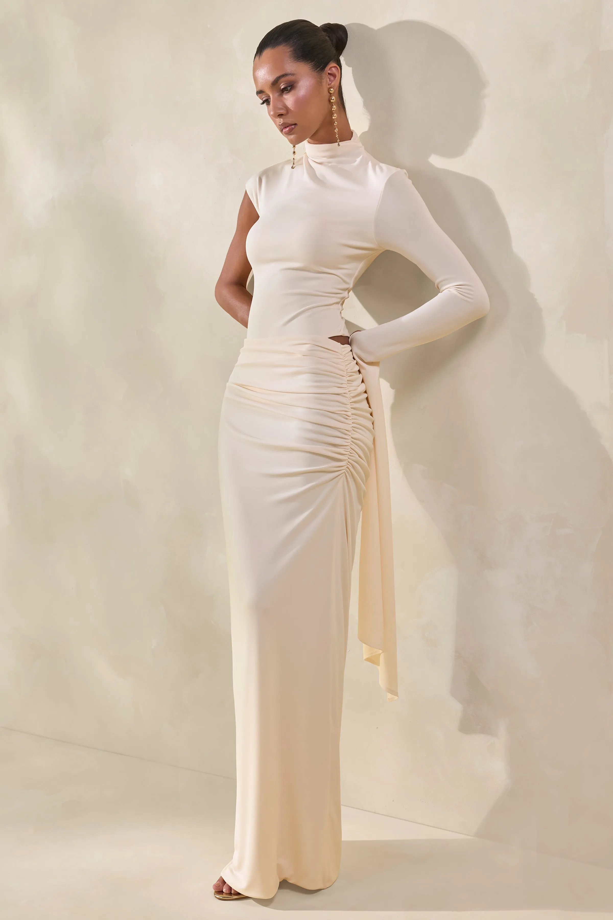 Adessa | Cream Asymmetric Waist Ruched Maxi Skirt sold by Club L London product image thumbnail 4