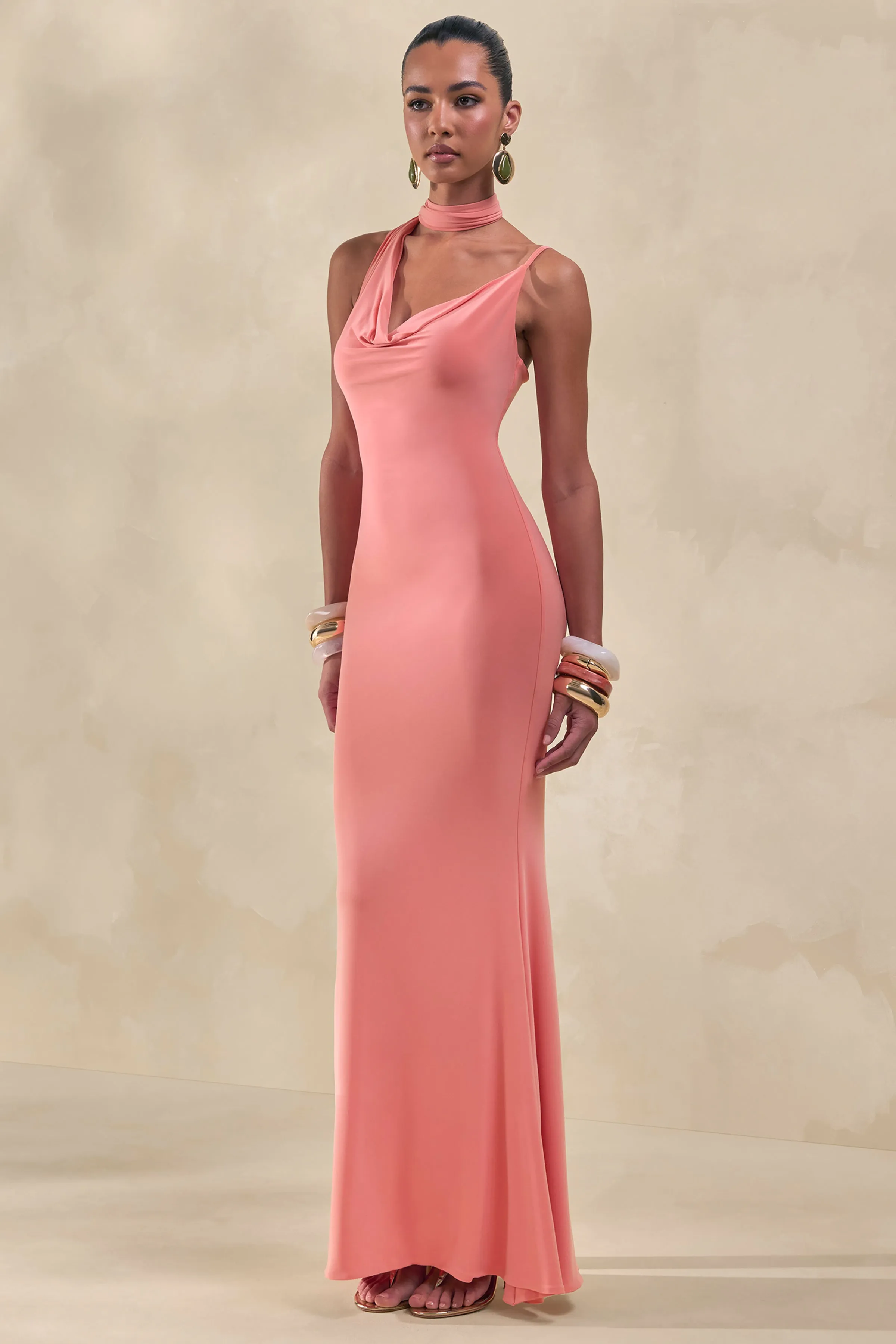 Kenza | Coral Asymmetric-Neck Maxi Dress With Scarf-Detail sold by Club L London product image thumbnail 4