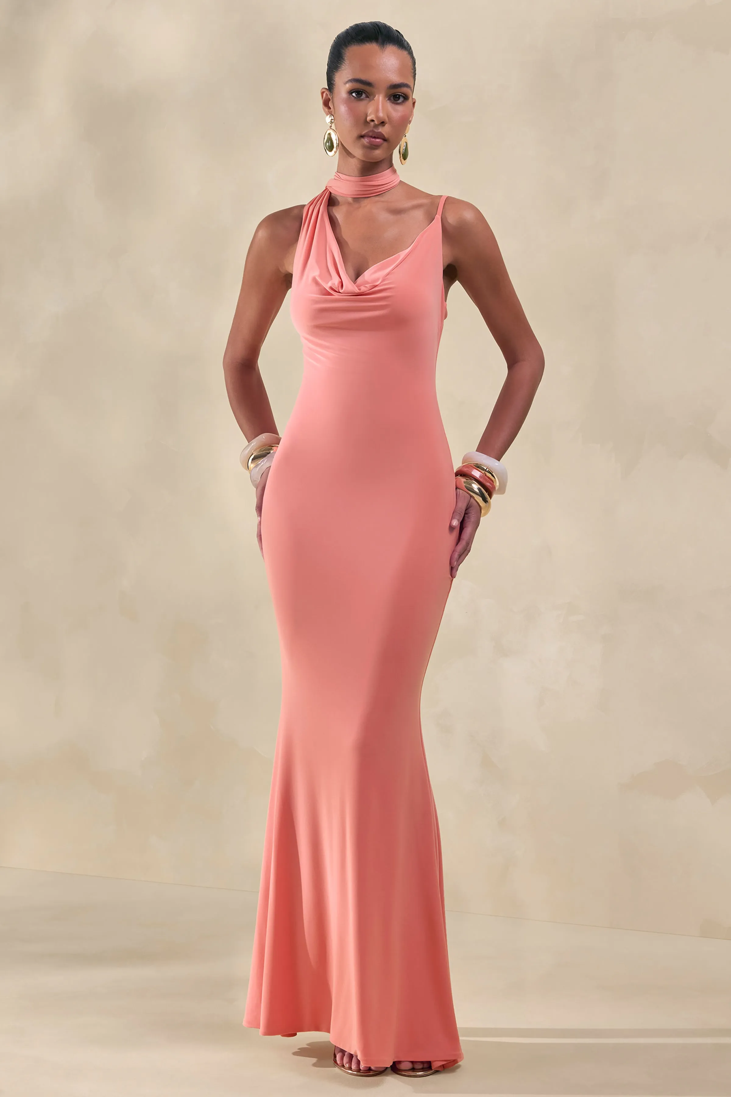 Kenza | Coral Asymmetric-Neck Maxi Dress With Scarf-Detail sold by Club L London