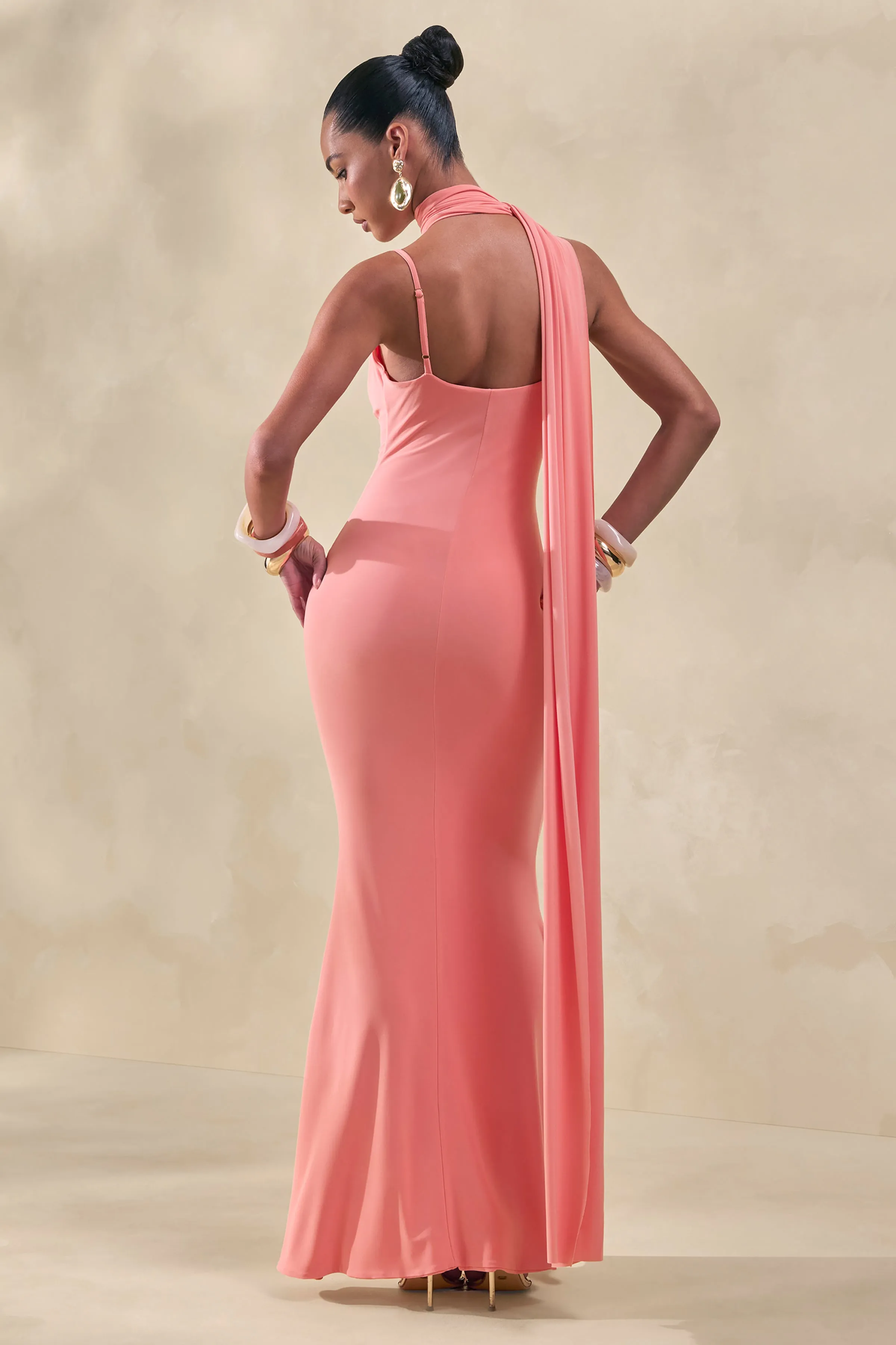 Kenza | Coral Asymmetric-Neck Maxi Dress With Scarf-Detail sold by Club L London product image thumbnail 2