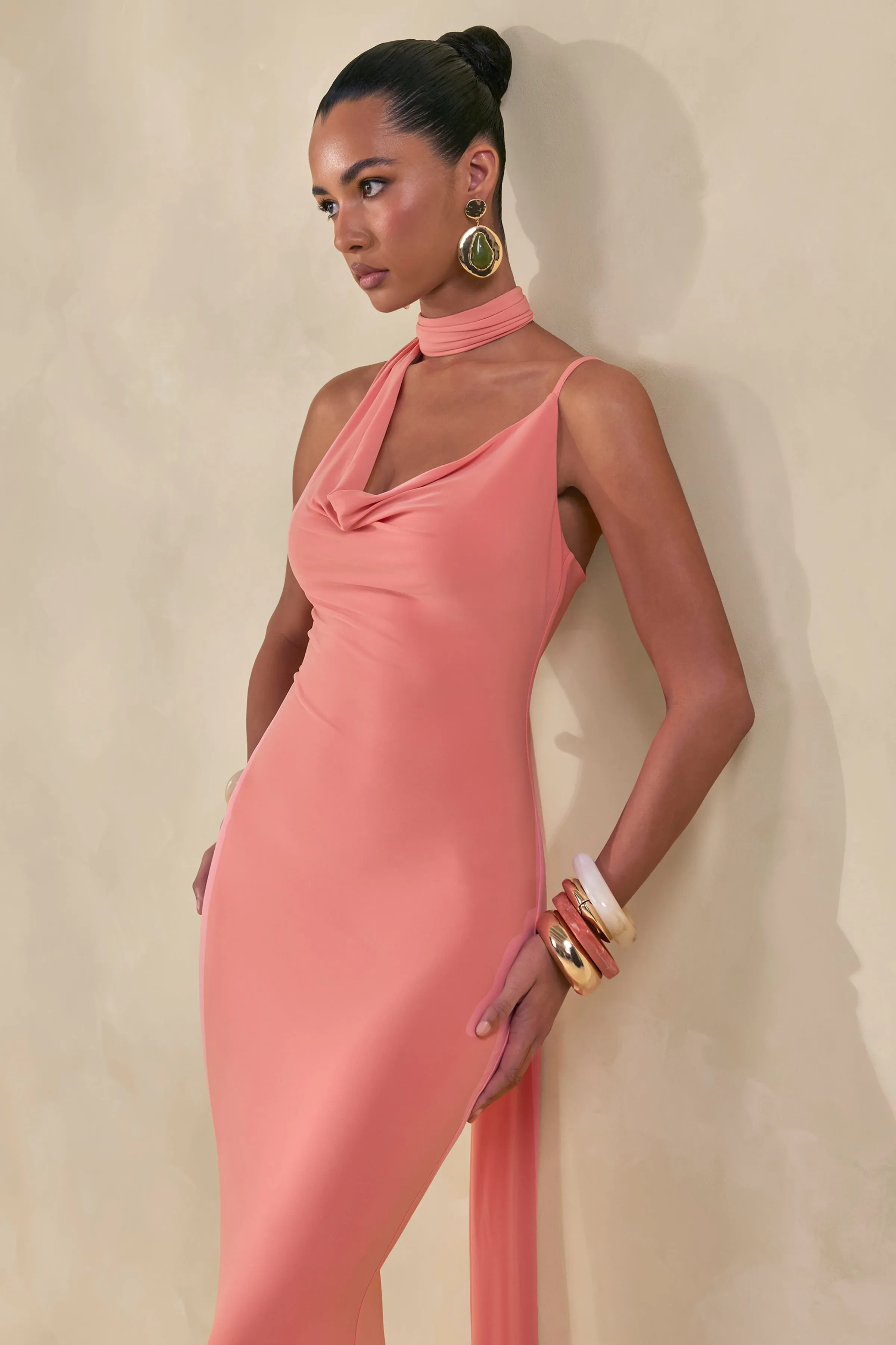 Kenza | Coral Asymmetric-Neck Maxi Dress With Scarf-Detail sold by Club L London product image thumbnail 3