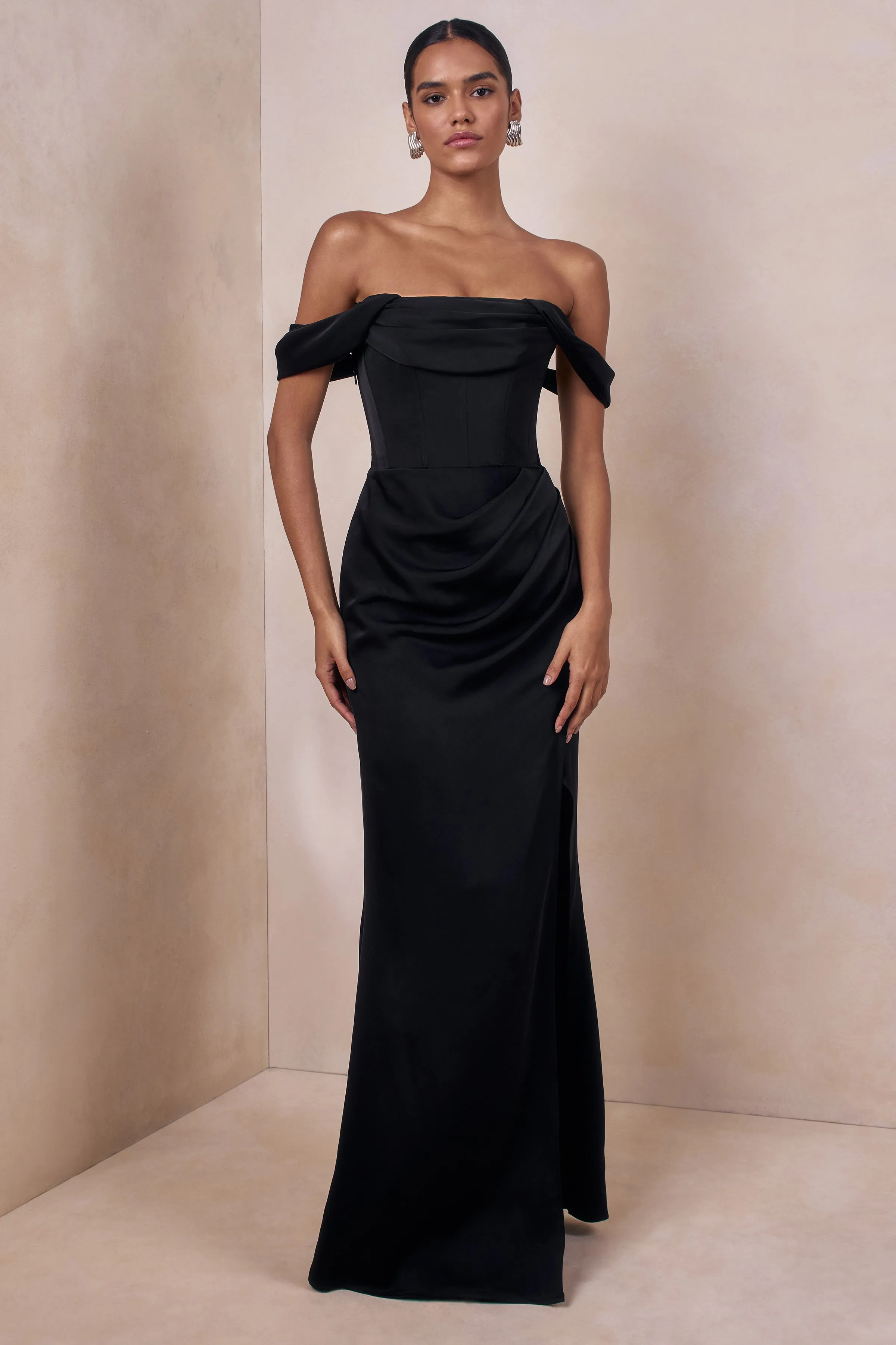 Celinea | Black Satin Bardot-Neck Maxi Dress With Front-High Split sold by Club L London product image thumbnail 4