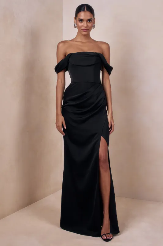 Celinea | Black Satin Bardot-Neck Maxi Dress With Front-High Split made by Club L London