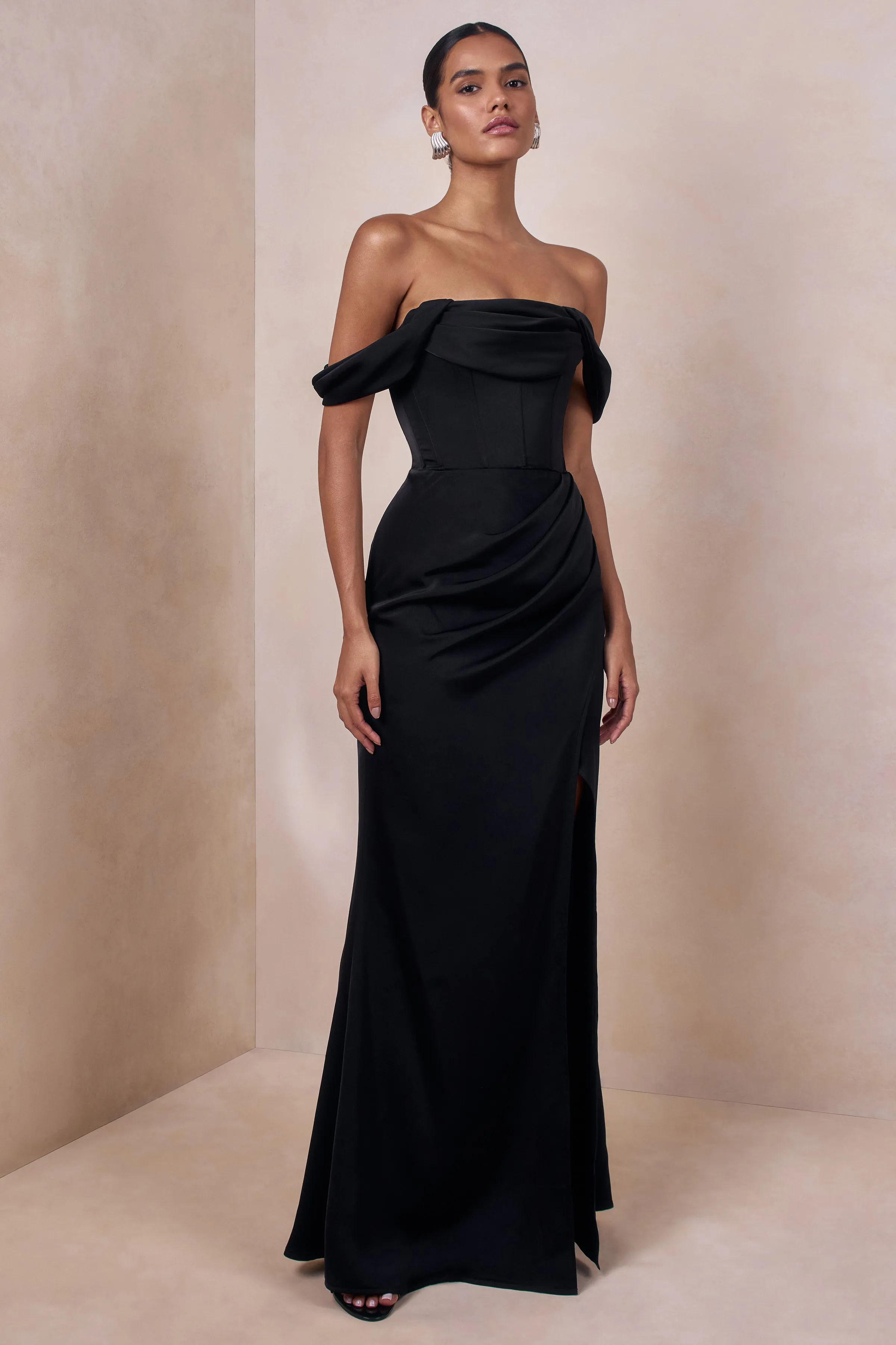 Celinea | Black Satin Bardot-Neck Maxi Dress With Front-High Split sold by Club L London product image thumbnail 5