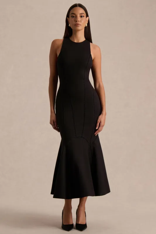 Sally | Black Crew-Neck Midi Dress With Drop Waist made by Club L London
