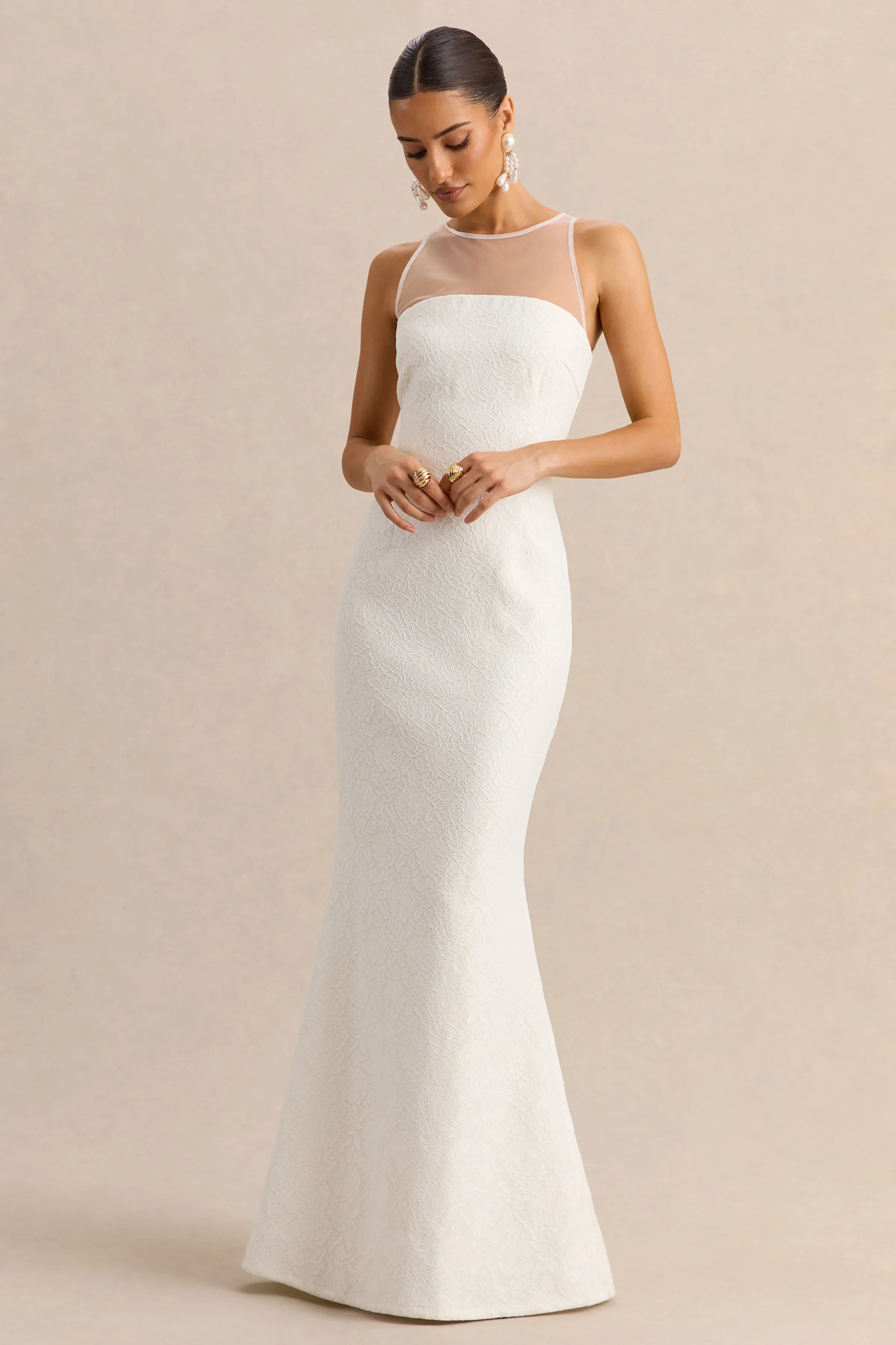 Rosevine | White Lace Round Neck Maxi Dress With Sheer Detailing sold by Club L London product image thumbnail 5