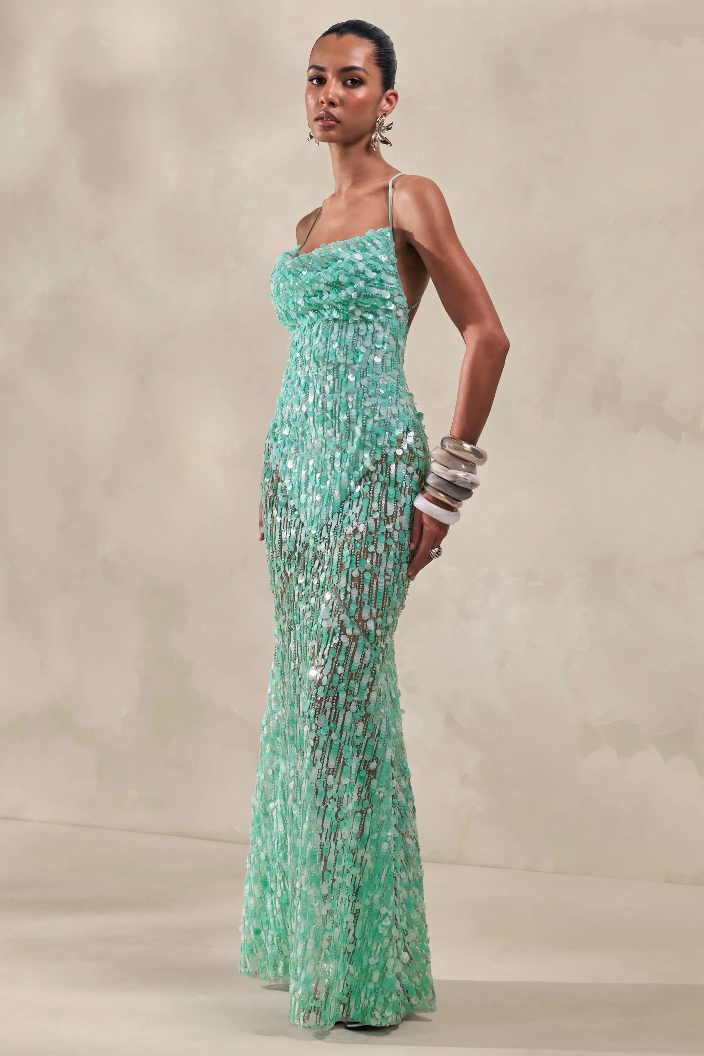 Taryn | Turquoise Sequin Cowl-Neck Maxi Dress sold by Club L London product image thumbnail 4