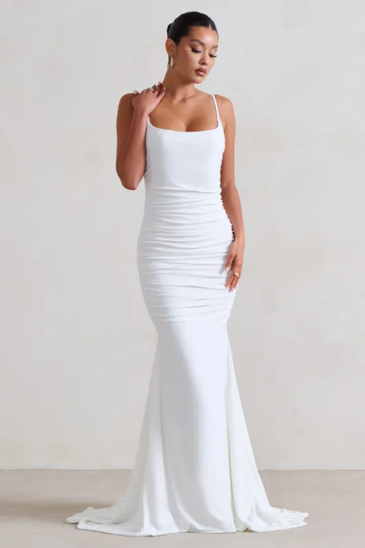 Adele | White Ruched Fishtail Cami Maxi Dress sold by Club L London
