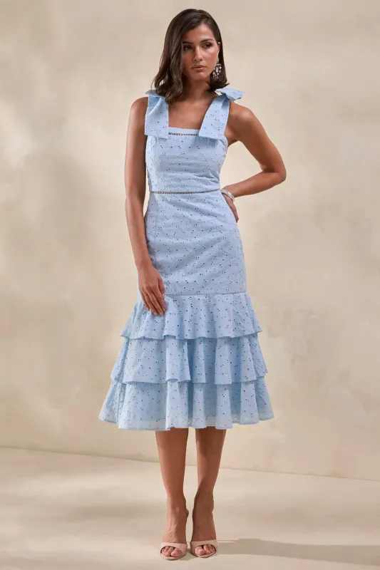 Velissia | Blue Broderie Square-Neck Midi Dress With Bow-Sleeves And Ruffled-Hem made by Club L London