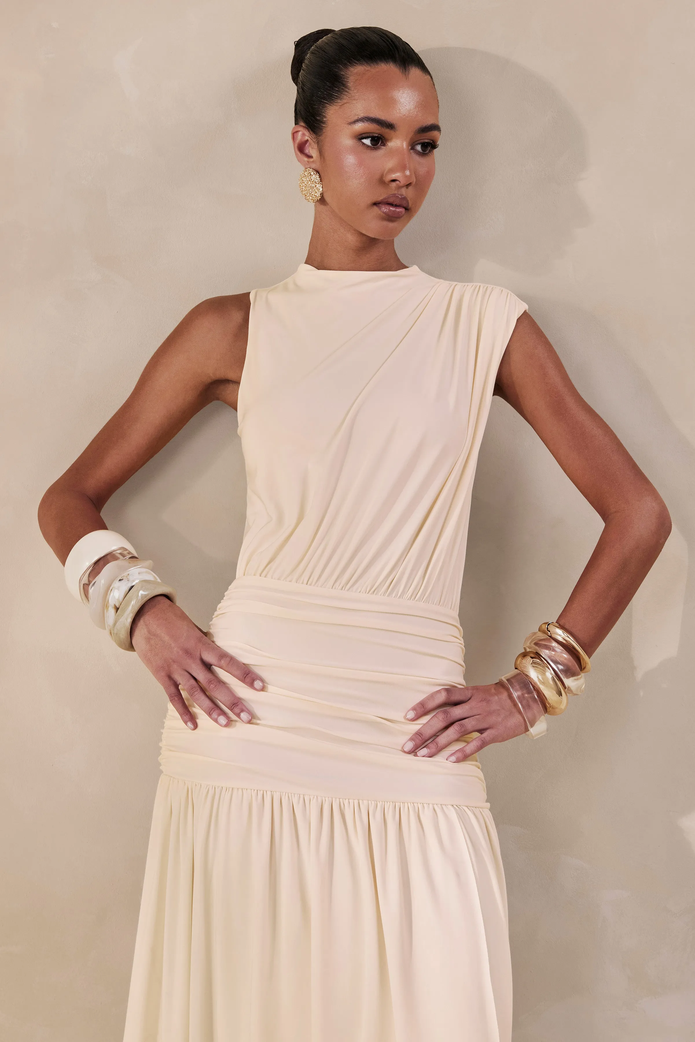 Myssara | Cream High-Neck Maxi Dress Gathered-Detailing sold by Club L London product image thumbnail 3
