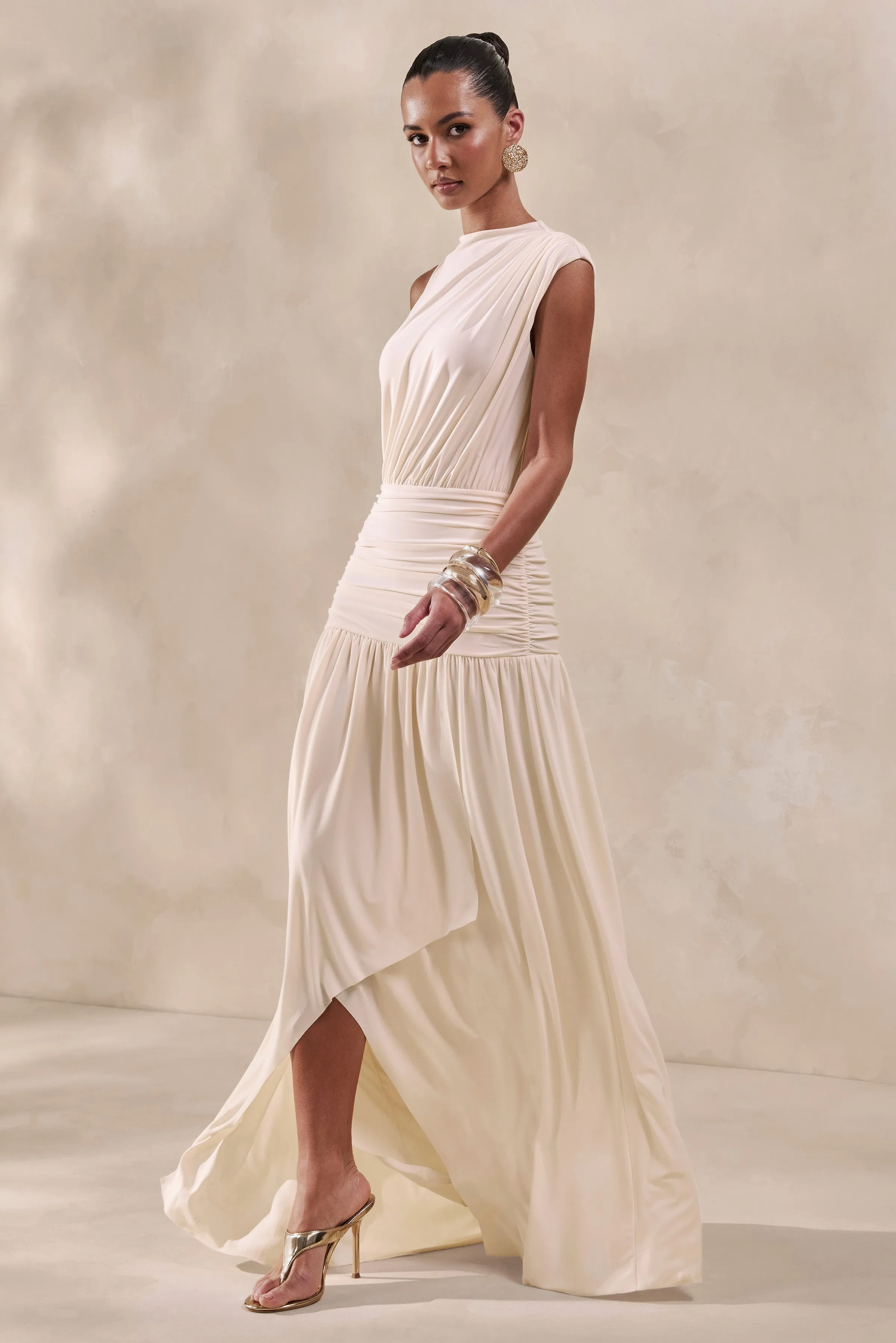 Myssara | Cream High-Neck Maxi Dress Gathered-Detailing sold by Club L London product image thumbnail 4