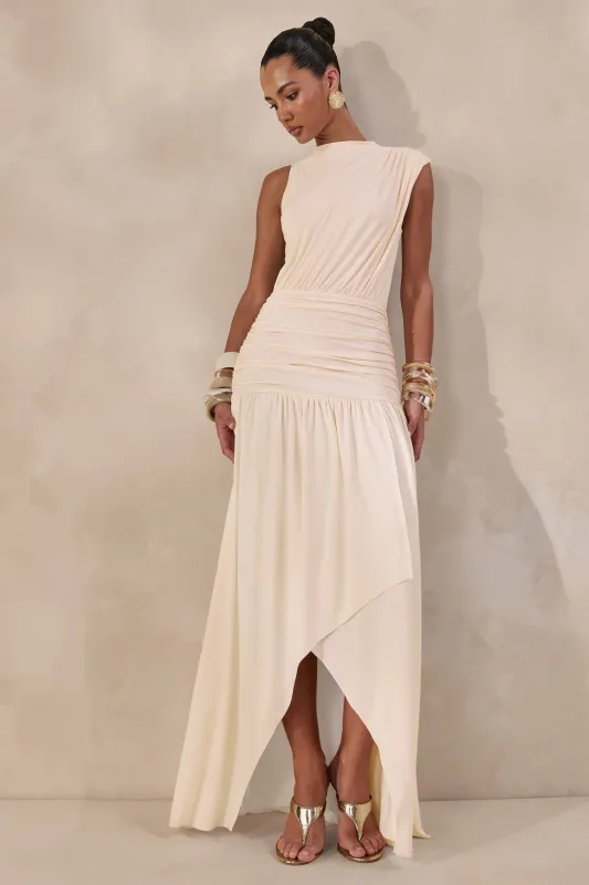 Myssara | Cream High-Neck Maxi Dress Gathered-Detailing made by Club L London