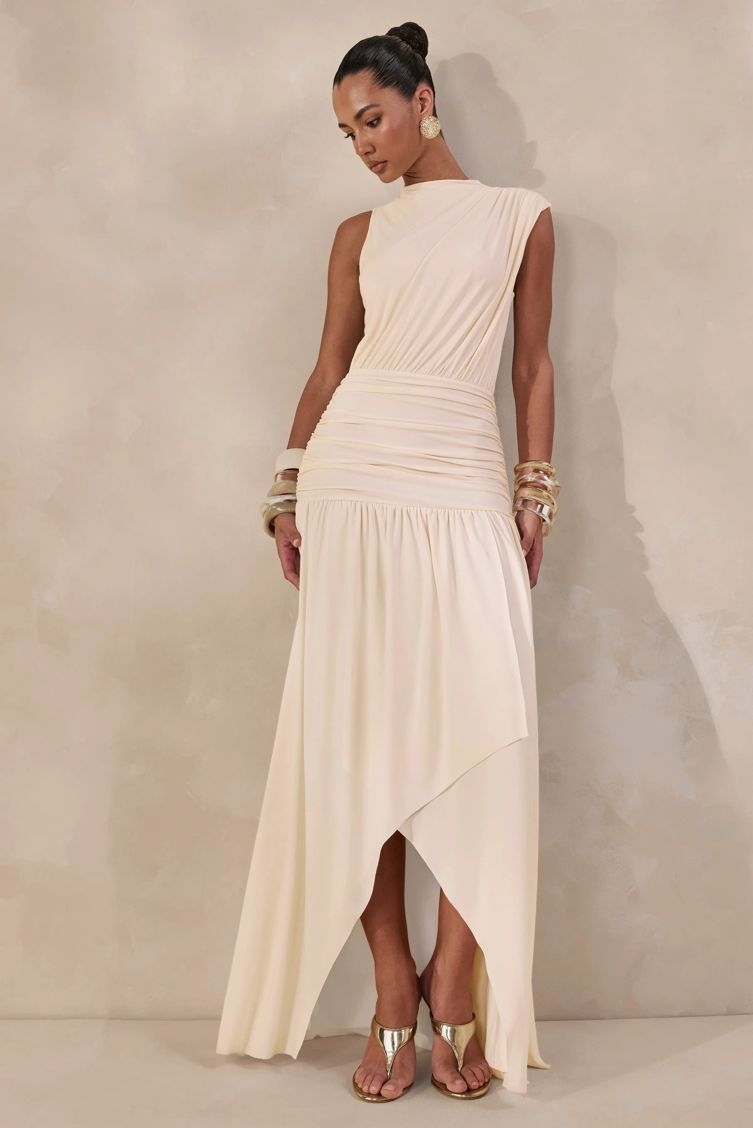 Myssara | Cream High-Neck Maxi Dress Gathered-Detailing sold by Club L London
