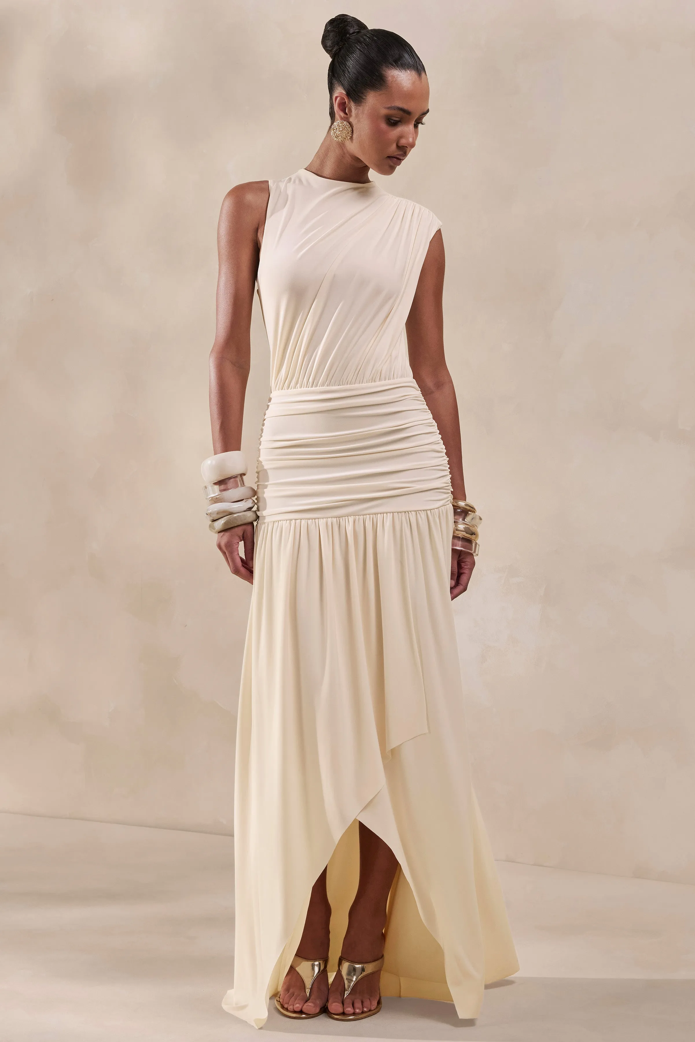 Myssara | Cream High-Neck Maxi Dress Gathered-Detailing sold by Club L London product image thumbnail 5
