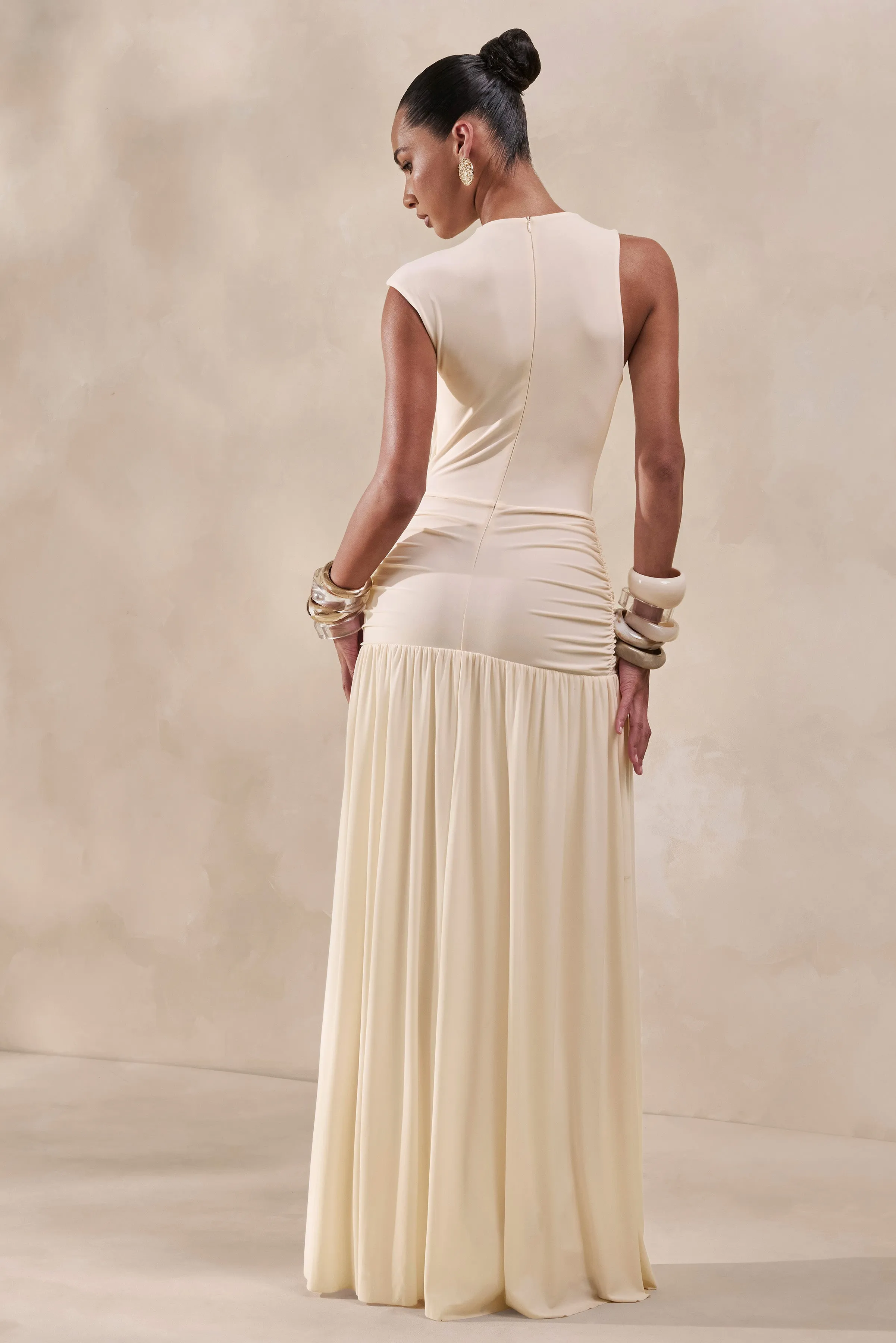 Myssara | Cream High-Neck Maxi Dress Gathered-Detailing sold by Club L London product image thumbnail 2