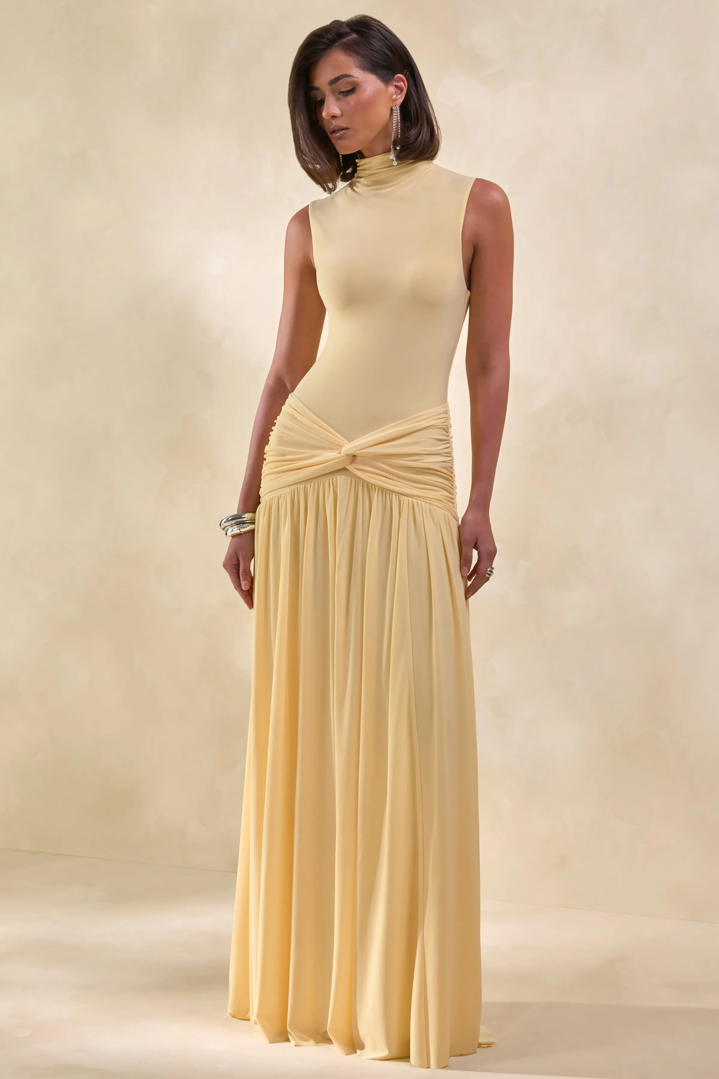 Glimora | Lemon High-Neck Maxi Dress With Ruched-Detailing sold by Club L London product image thumbnail 4