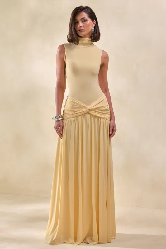 Glimora | Lemon High-Neck Maxi Dress With Ruched-Detailing made by Club L London