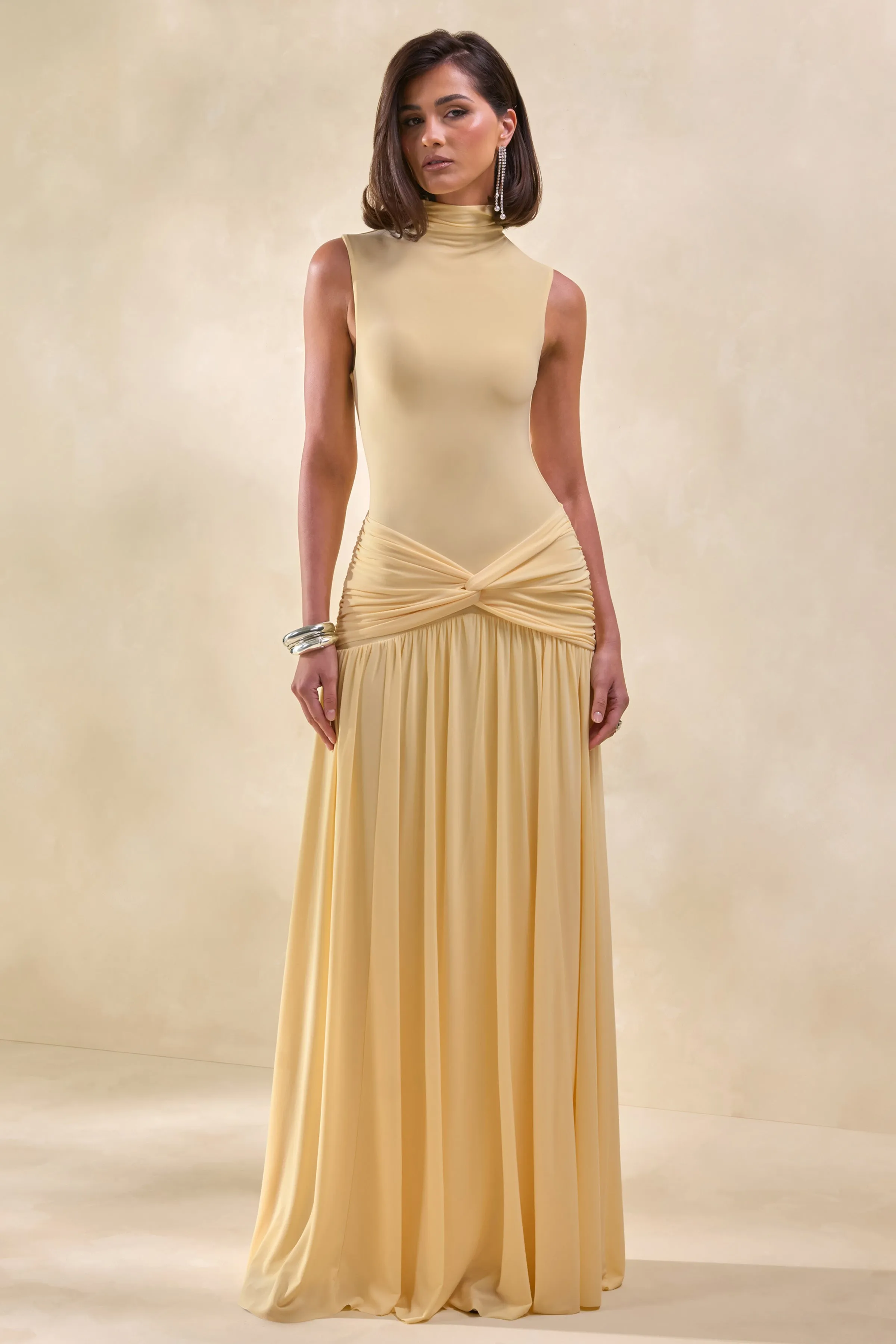 Glimora | Lemon High-Neck Maxi Dress With Ruched-Detailing sold by Club L London