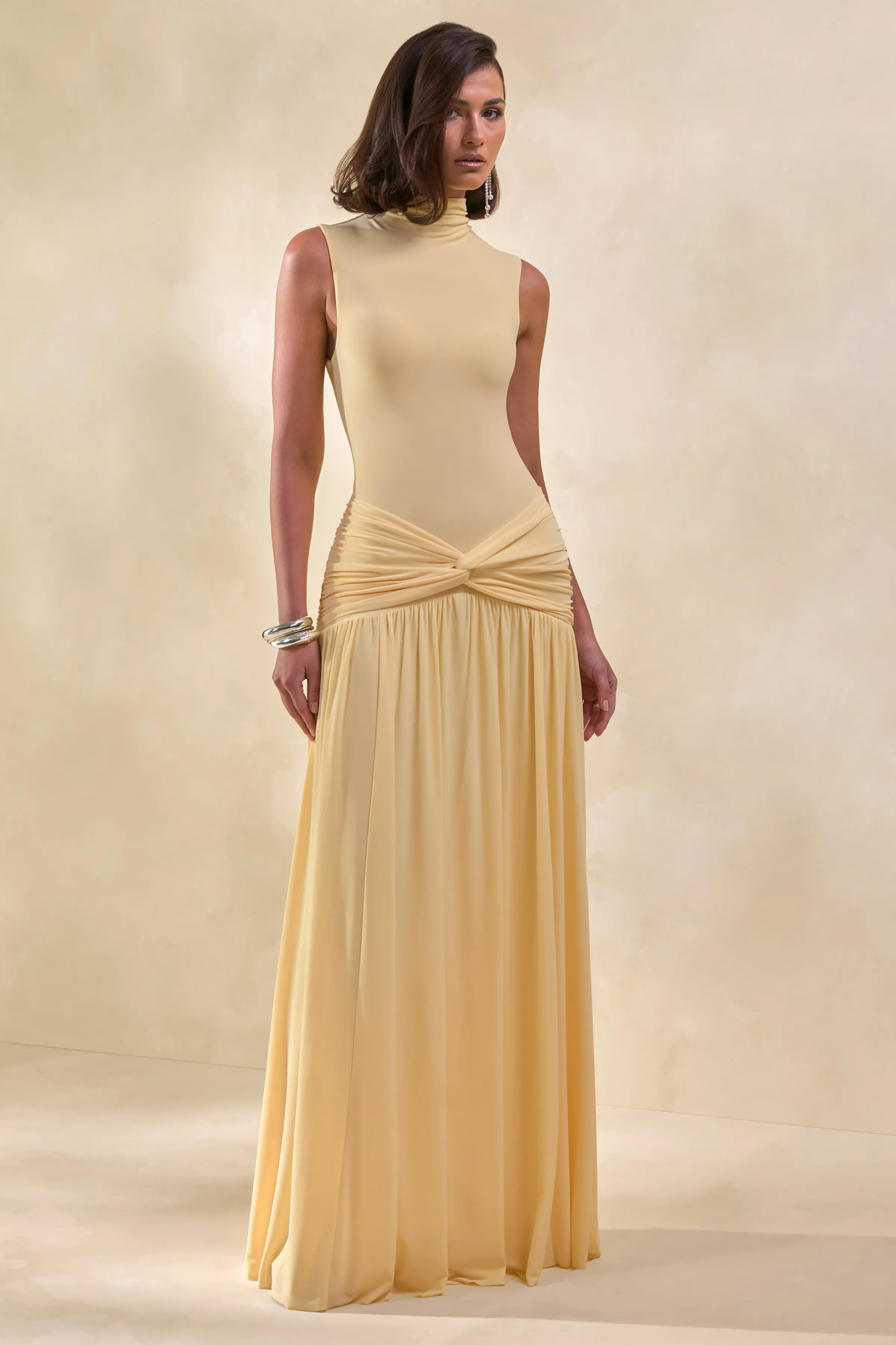 Glimora | Lemon High-Neck Maxi Dress With Ruched-Detailing sold by Club L London product image thumbnail 5