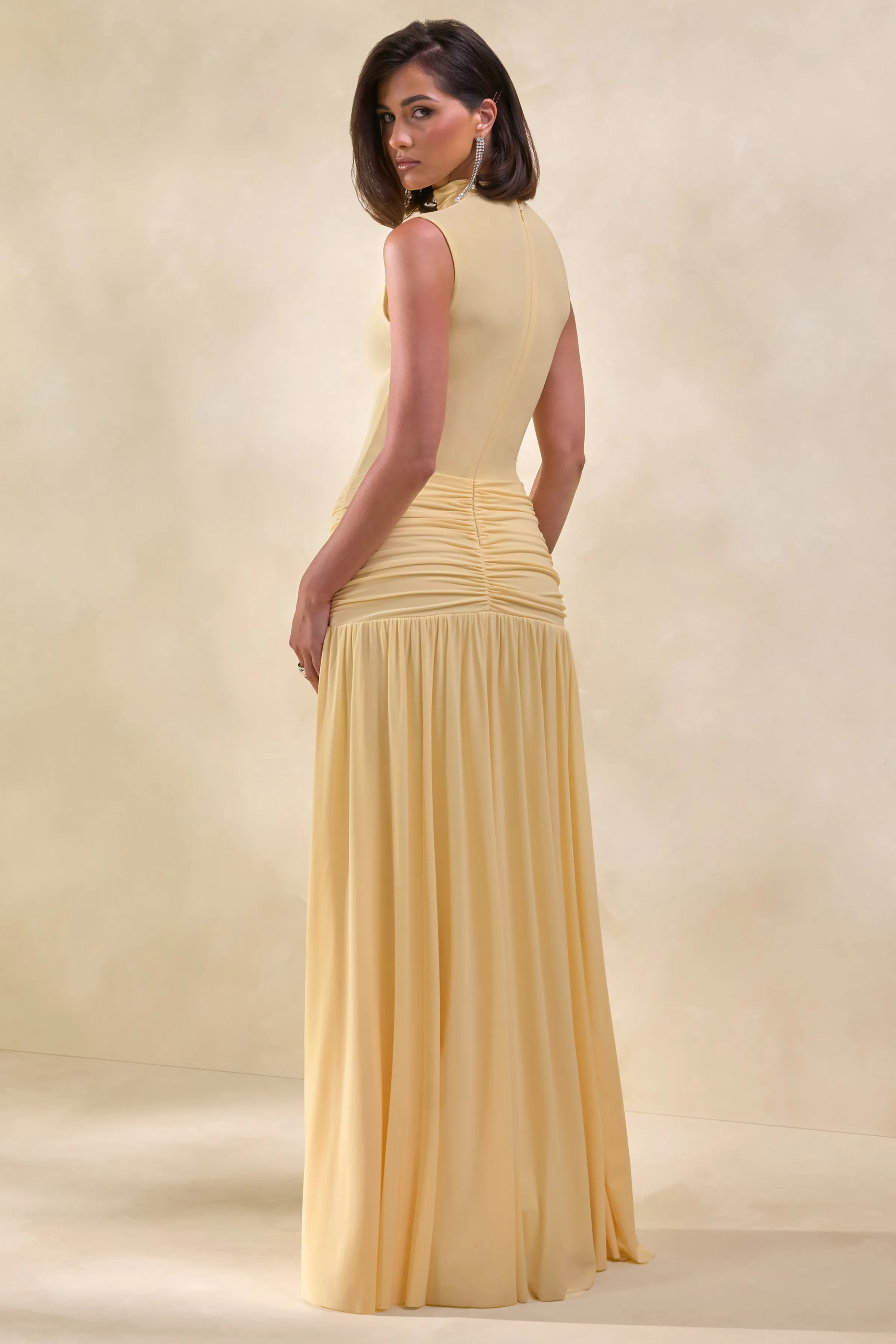Glimora | Lemon High-Neck Maxi Dress With Ruched-Detailing sold by Club L London product image thumbnail 2