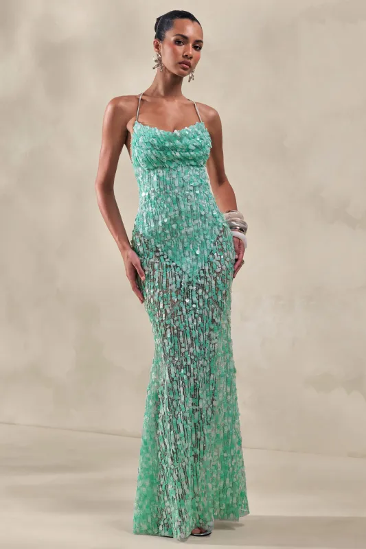 Taryn | Turquoise Sequin Cowl-Neck Maxi Dress With Sheer Skirt made by Club L London