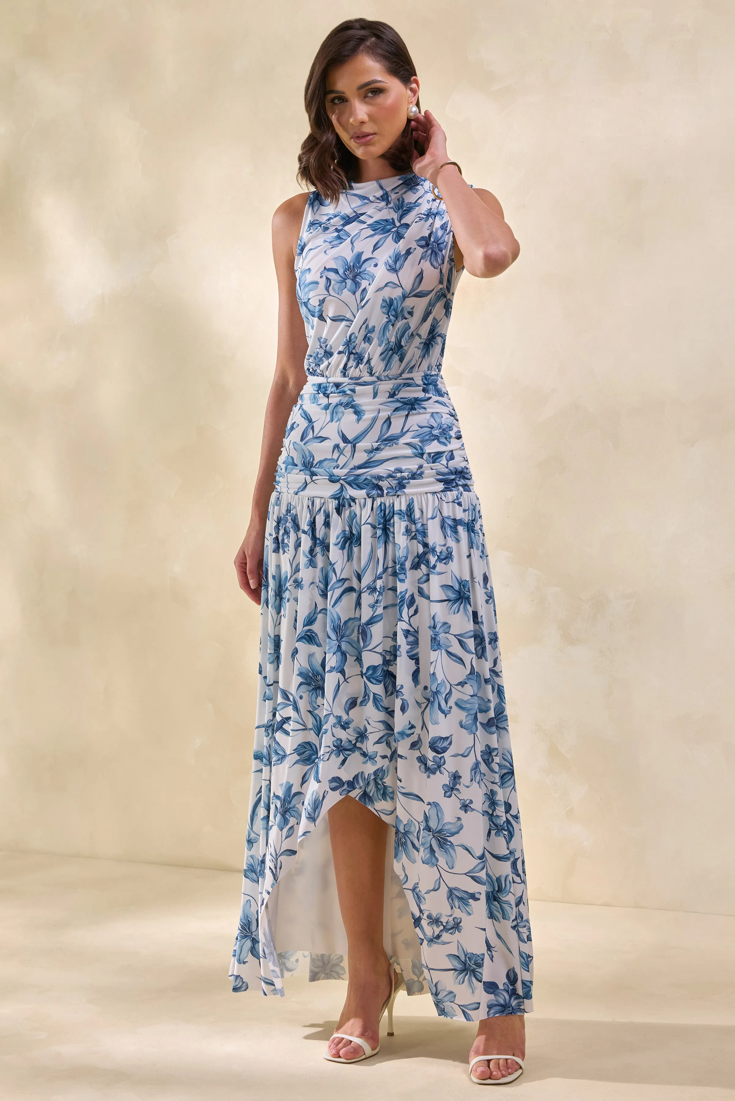 Myssara | Blue Porcelain-Print High-Neck Maxi Dress Gathered-Detailing sold by Club L London product image thumbnail 3