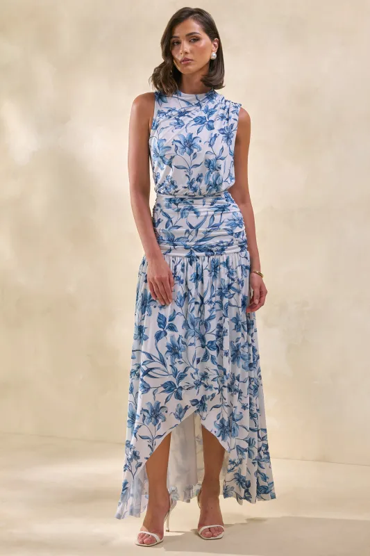 Myssara | Blue Porcelain-Print High-Neck Maxi Dress Gathered-Detailing made by Club L London