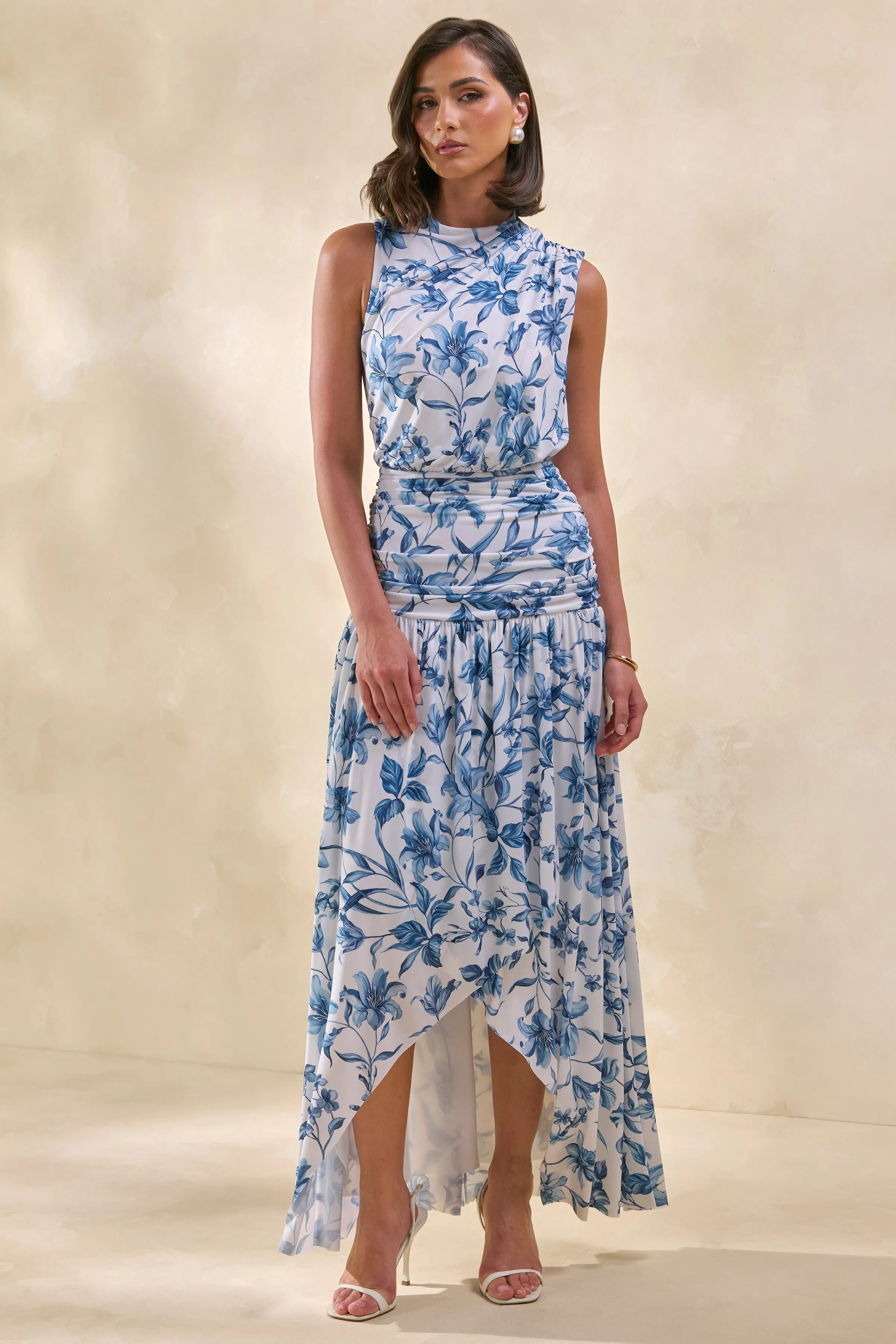 Myssara | Blue Porcelain-Print High-Neck Maxi Dress Gathered-Detailing sold by Club L London