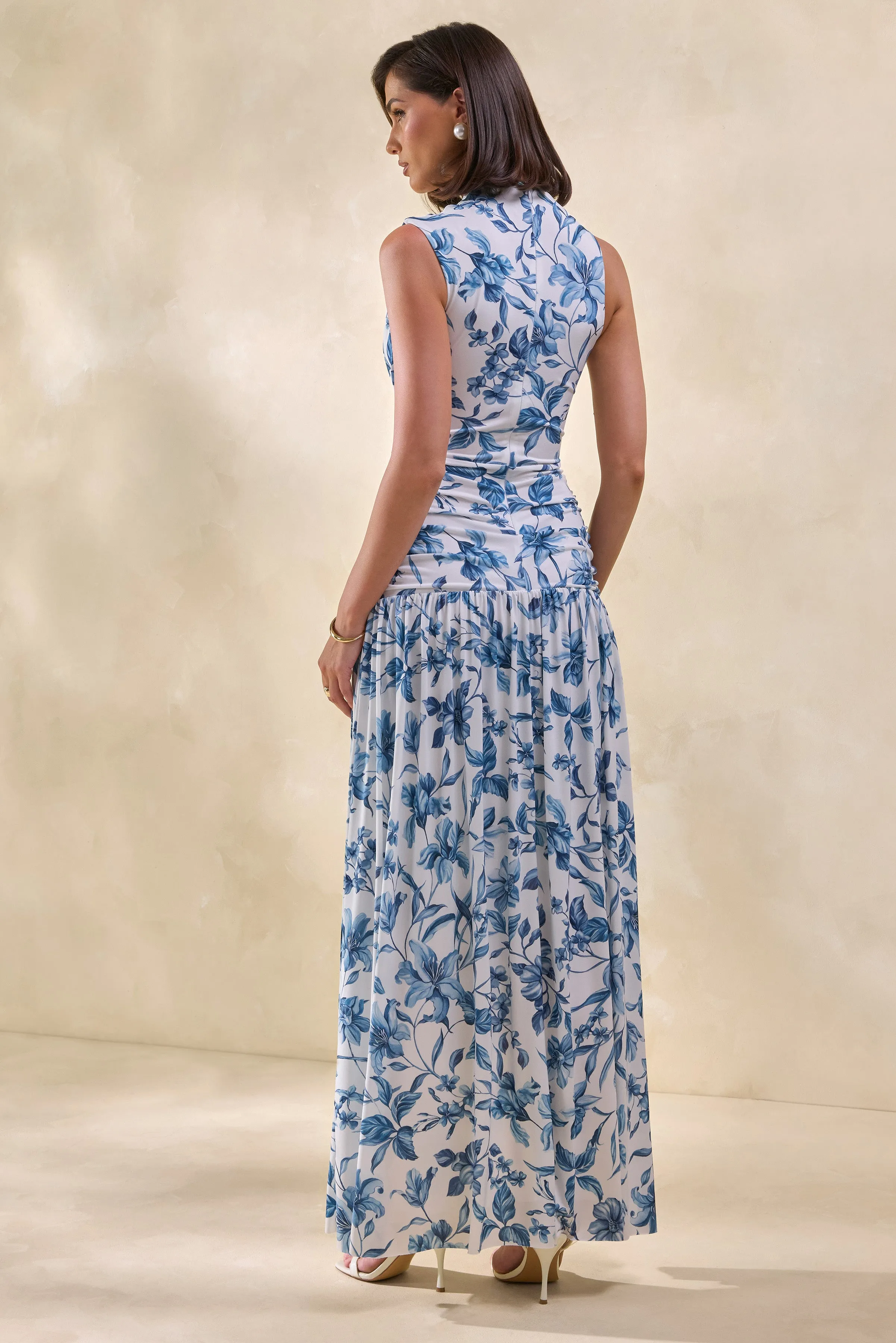 Myssara | Blue Porcelain-Print High-Neck Maxi Dress Gathered-Detailing sold by Club L London product image thumbnail 2