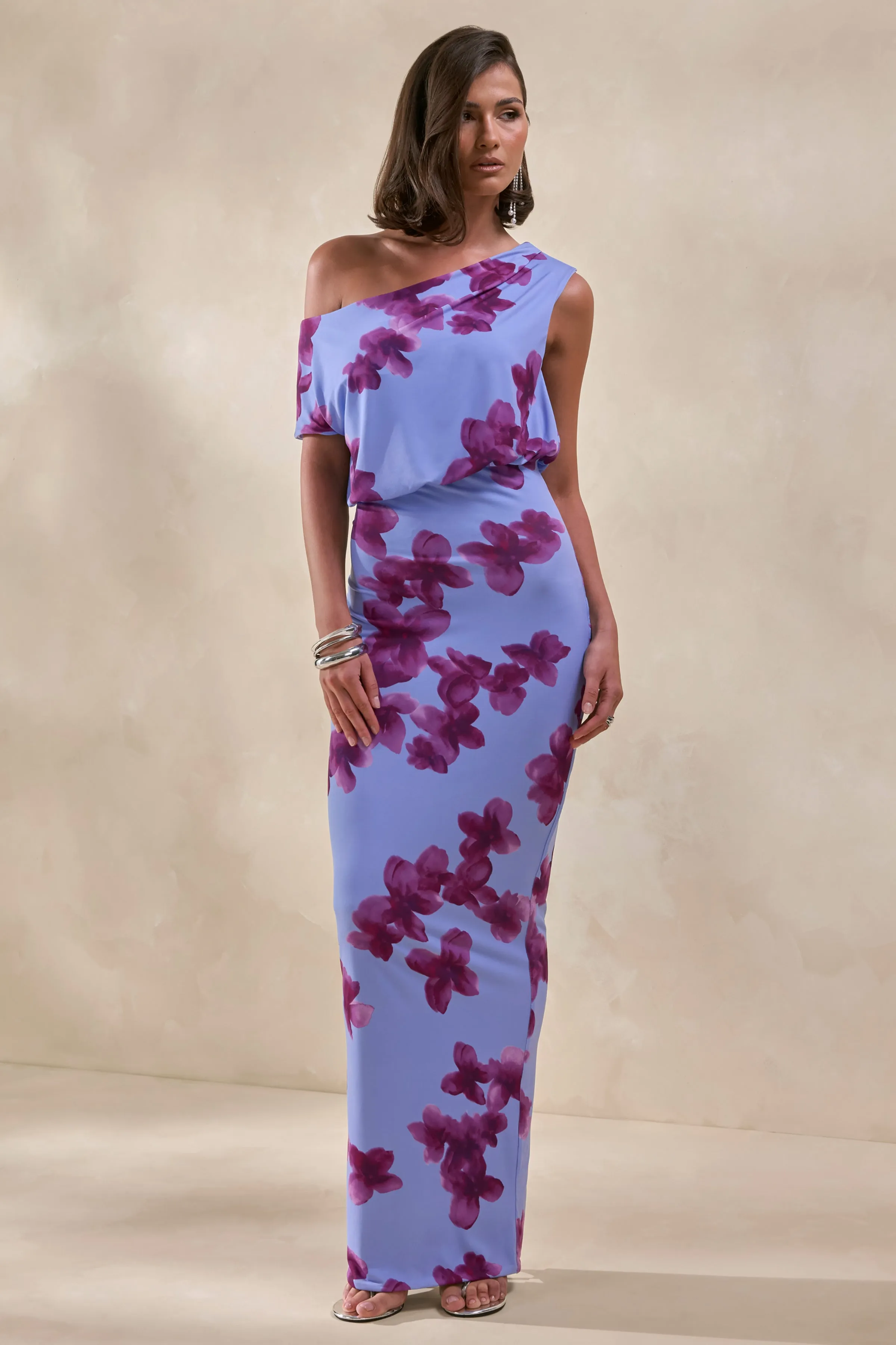 Louisa | Blurred Floral Print Asymmetric-Neck Maxi Dress sold by Club L London product image thumbnail 4