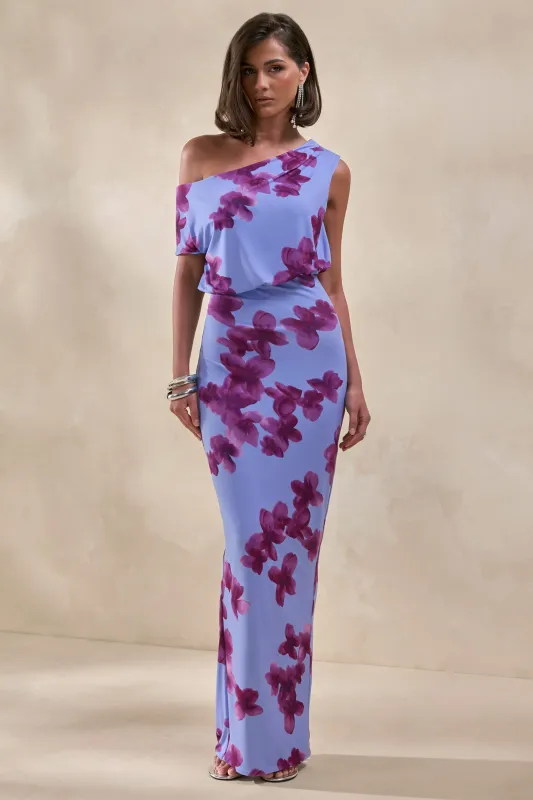 Louisa | Blurred Floral Print Asymmetric-Neck Maxi Dress made by Club L London