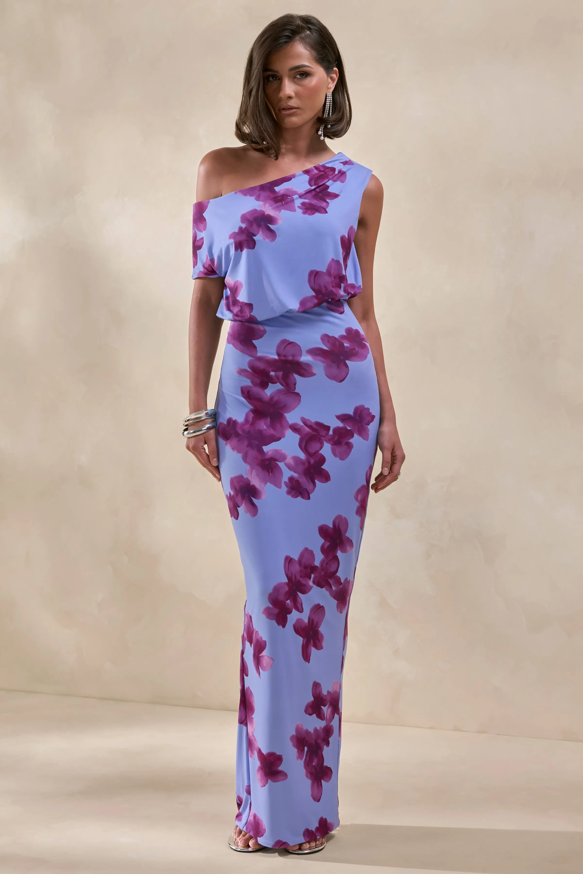Louisa | Blurred Floral Print Asymmetric-Neck Maxi Dress sold by Club L London