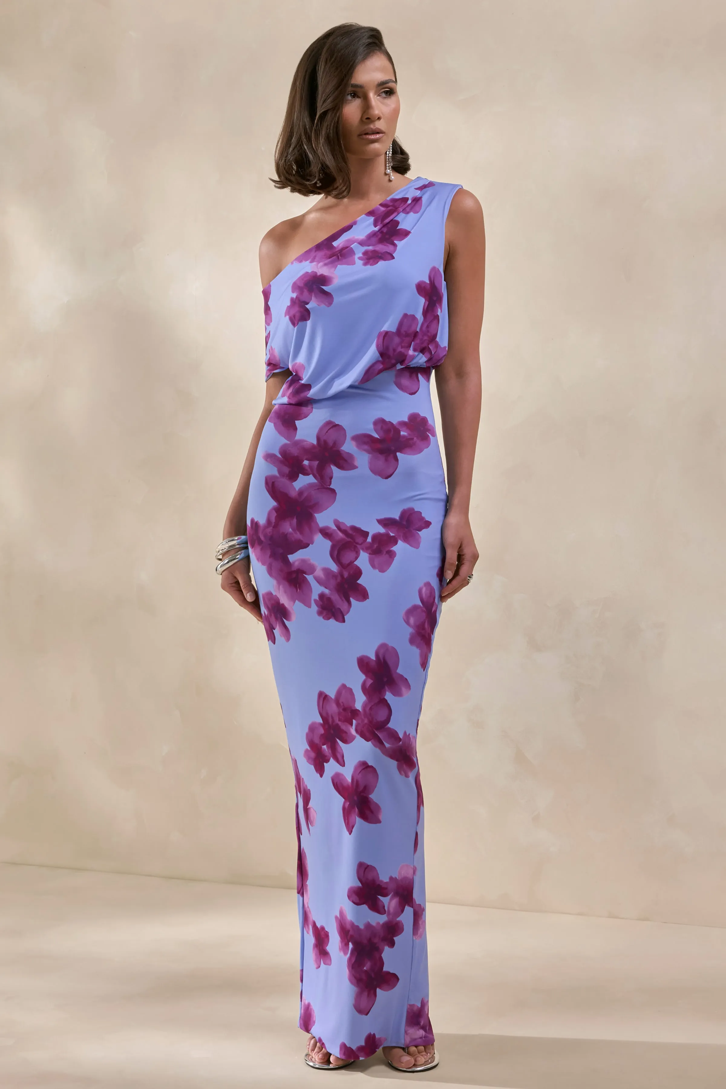 Louisa | Blurred Floral Print Asymmetric-Neck Maxi Dress sold by Club L London product image thumbnail 5