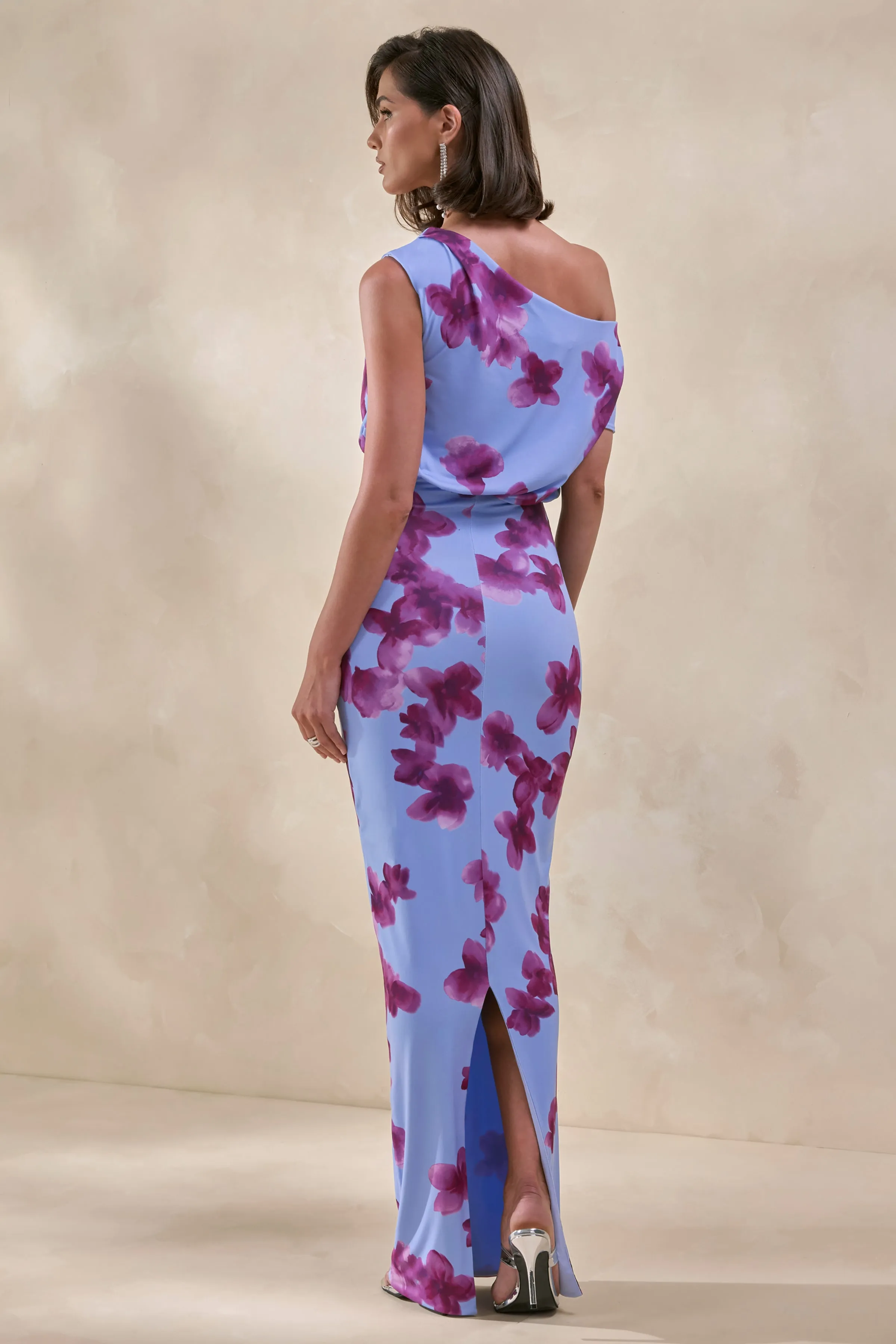 Louisa | Blurred Floral Print Asymmetric-Neck Maxi Dress sold by Club L London product image thumbnail 2