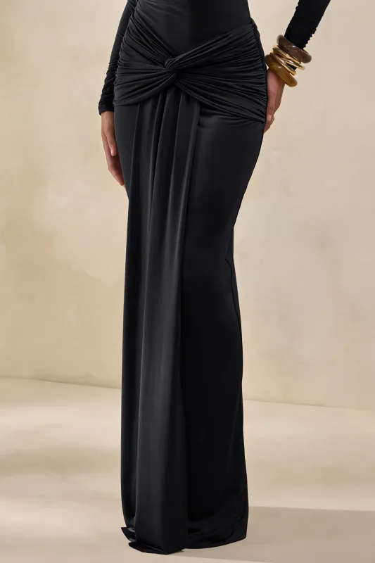 Theria | Black Maxi Skirt With Gathering And Knot Detail made by Club L London