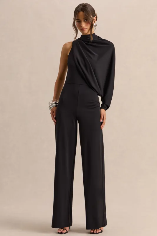 Emoria | Black High-Neck Jumpsuit With One Long-Sleeve made by Club L London