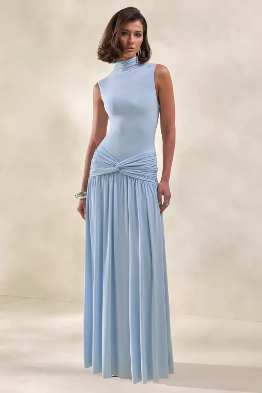 Glimora | Powder Blue High-Neck Maxi Dress With Ruched-Detailing made by Club L London