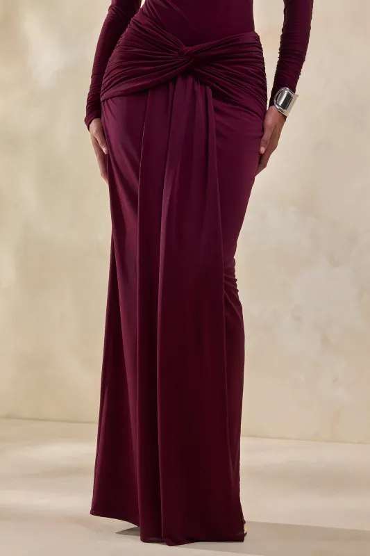 Theria | Burgundy Maxi Skirt With Gathering And Knot Detail made by Club L London