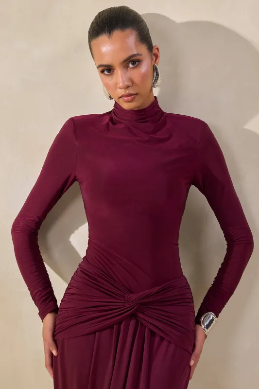 Lyanna | Burgundy Turtle-Neck Thong Bodysuit made by Club L London