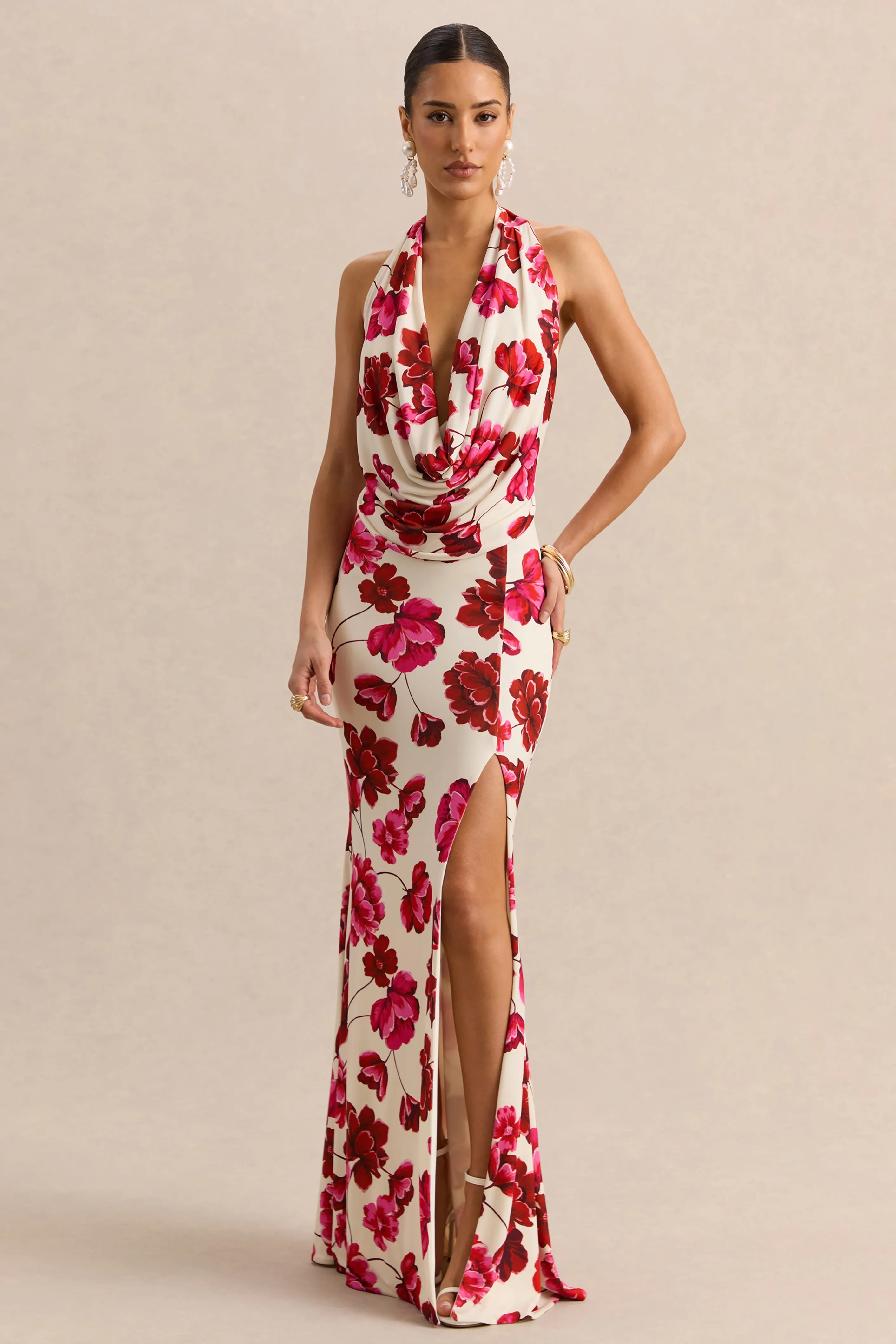 Flossie | Cream And Pink Floral Print Plunge-Neck Maxi Dress sold by Club L London product image thumbnail 4