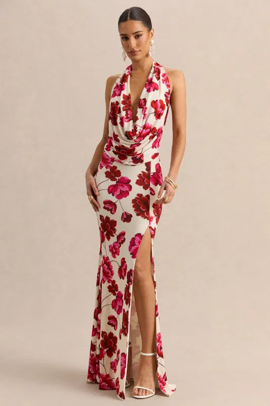 Flossie | Cream And Pink Floral Print Plunge-Neck Maxi Dress made by Club L London