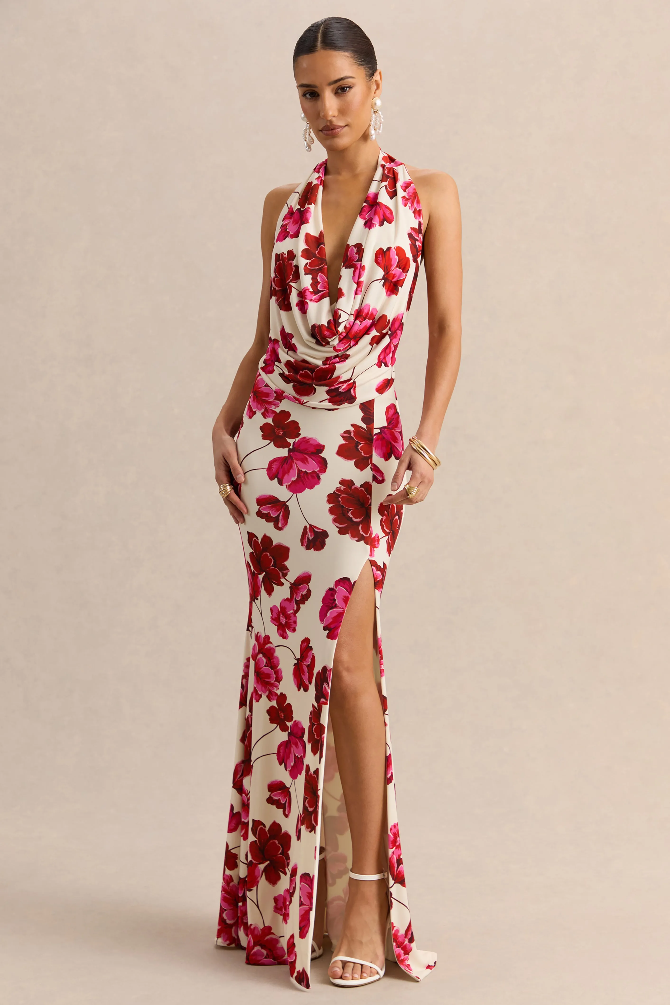 Flossie | Cream And Pink Floral Print Plunge-Neck Maxi Dress sold by Club L London