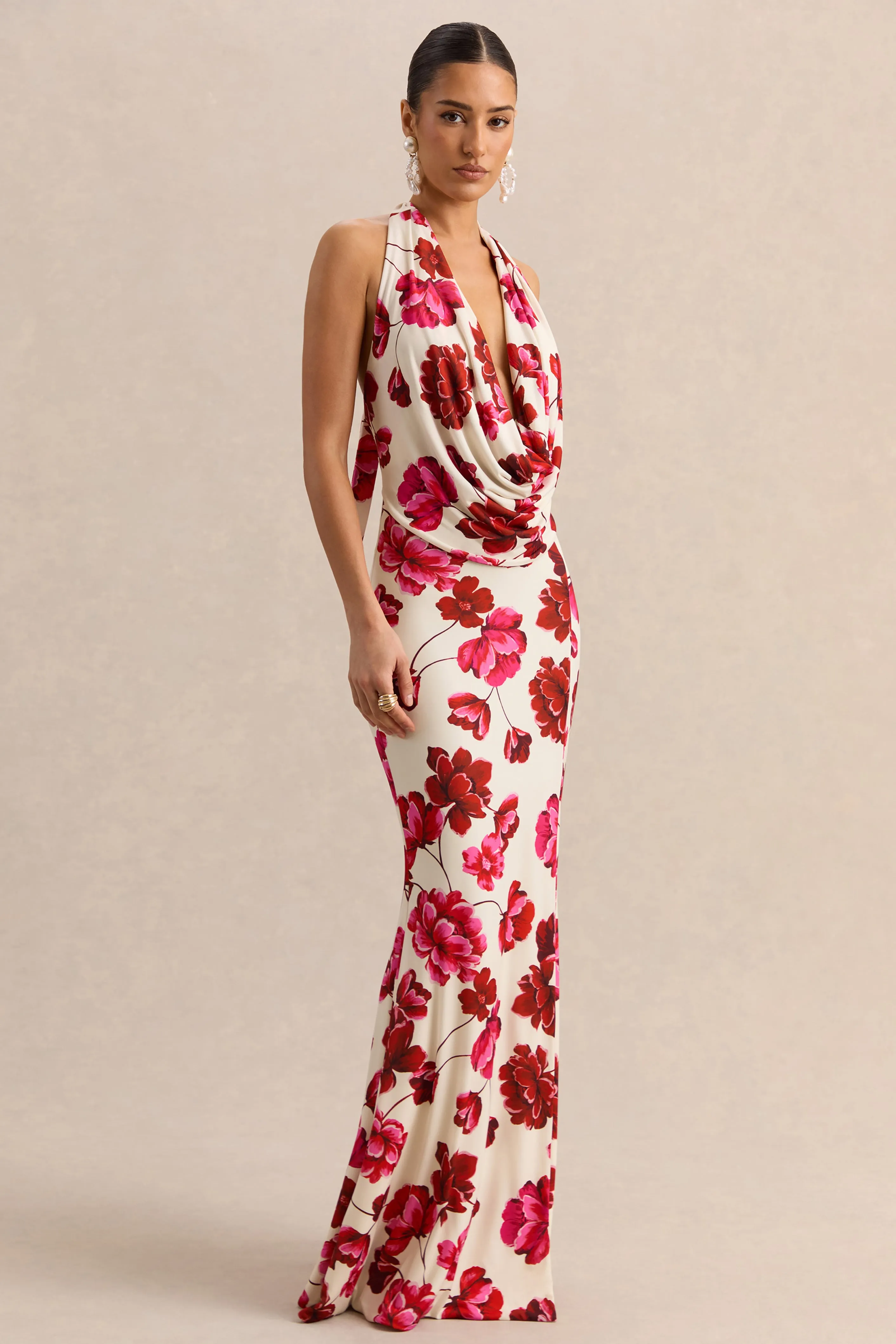Flossie | Cream And Pink Floral Print Plunge-Neck Maxi Dress sold by Club L London product image thumbnail 5