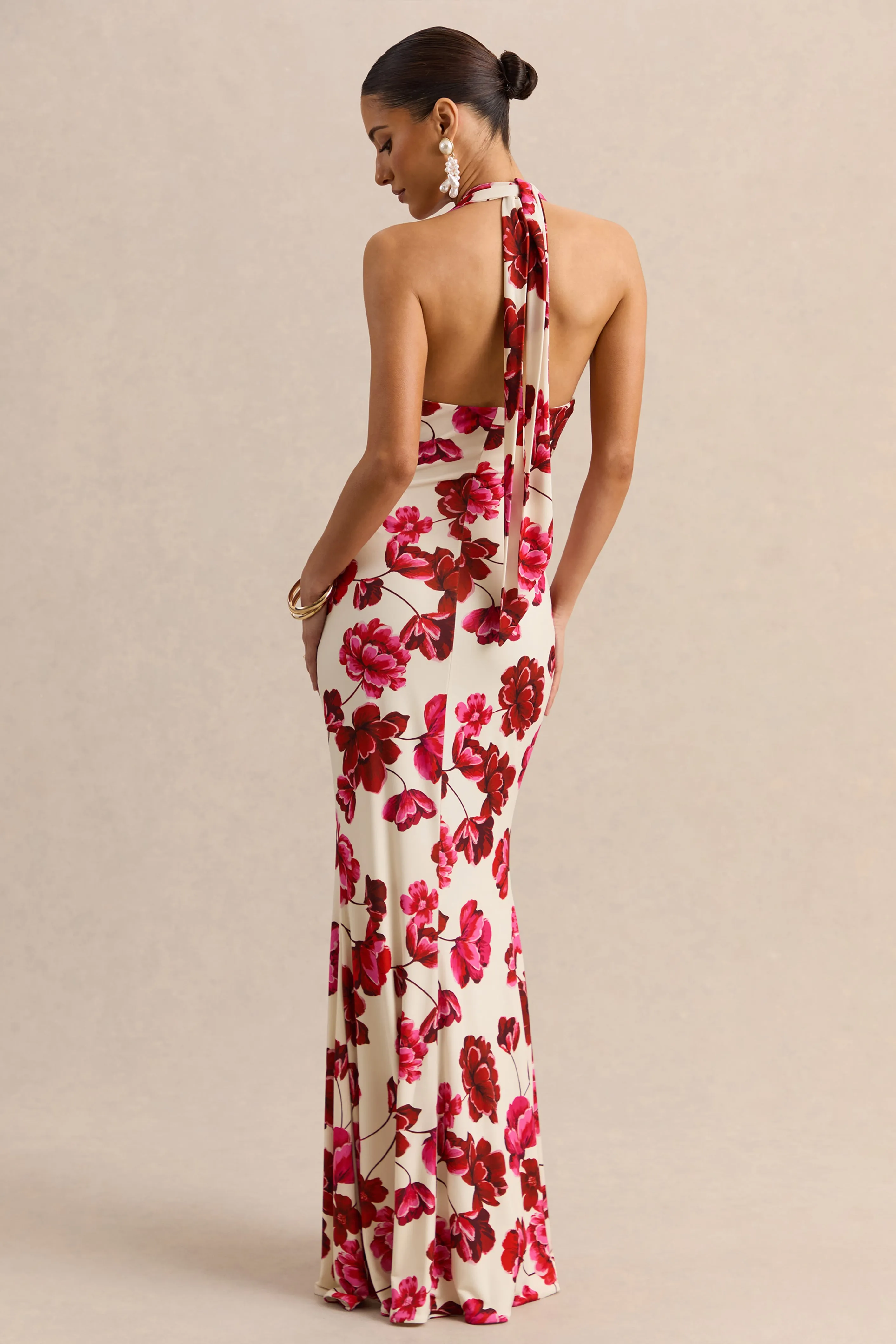 Flossie | Cream And Pink Floral Print Plunge-Neck Maxi Dress sold by Club L London product image thumbnail 2